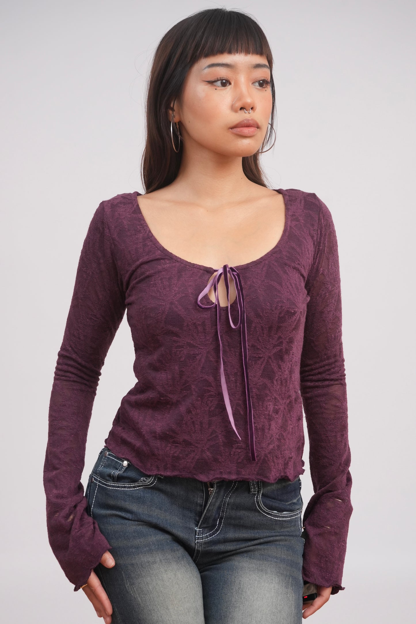 Velvet Kiss Jacquard Tie-Front Top