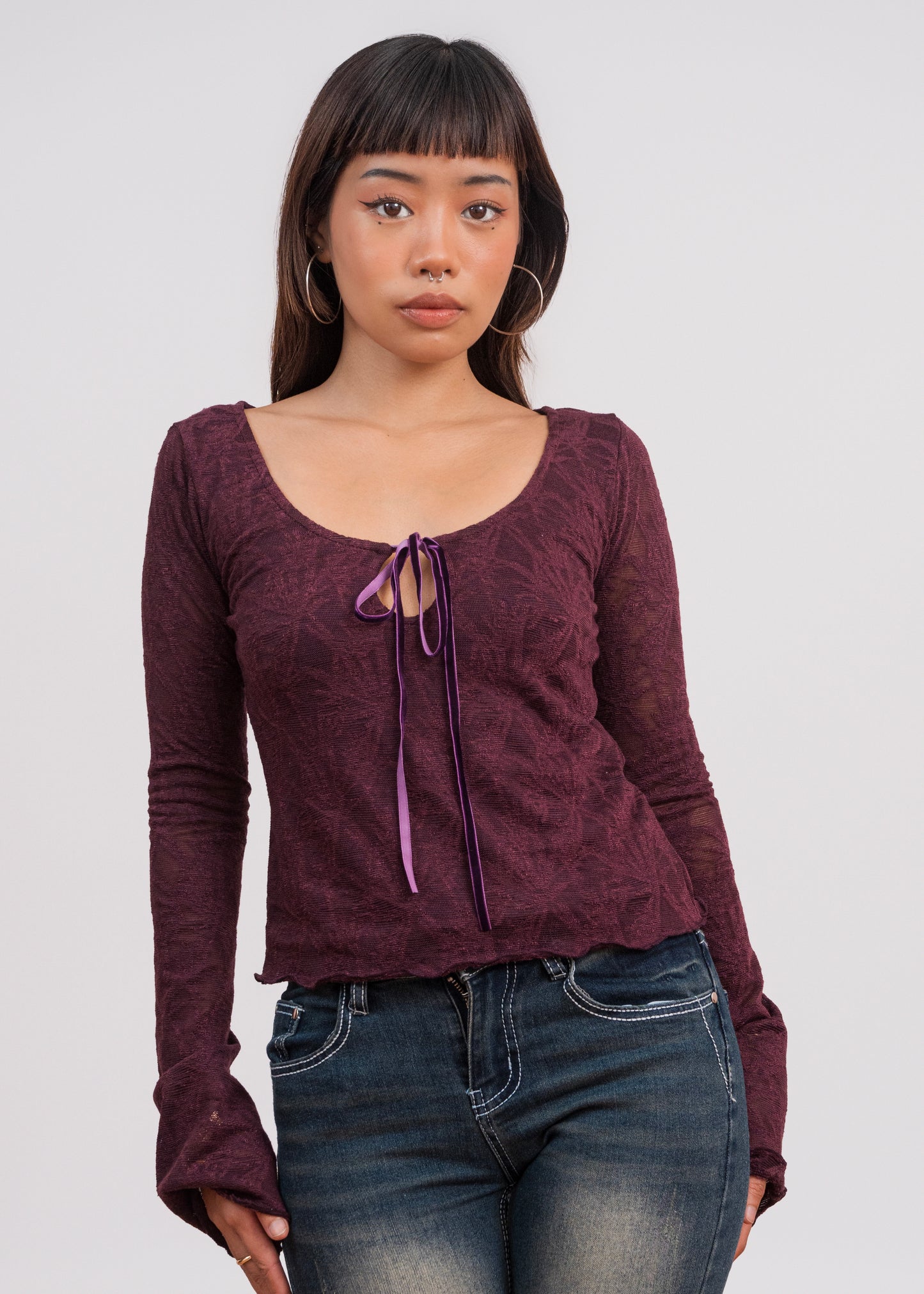 Velvet Kiss Jacquard Tie-Front Top