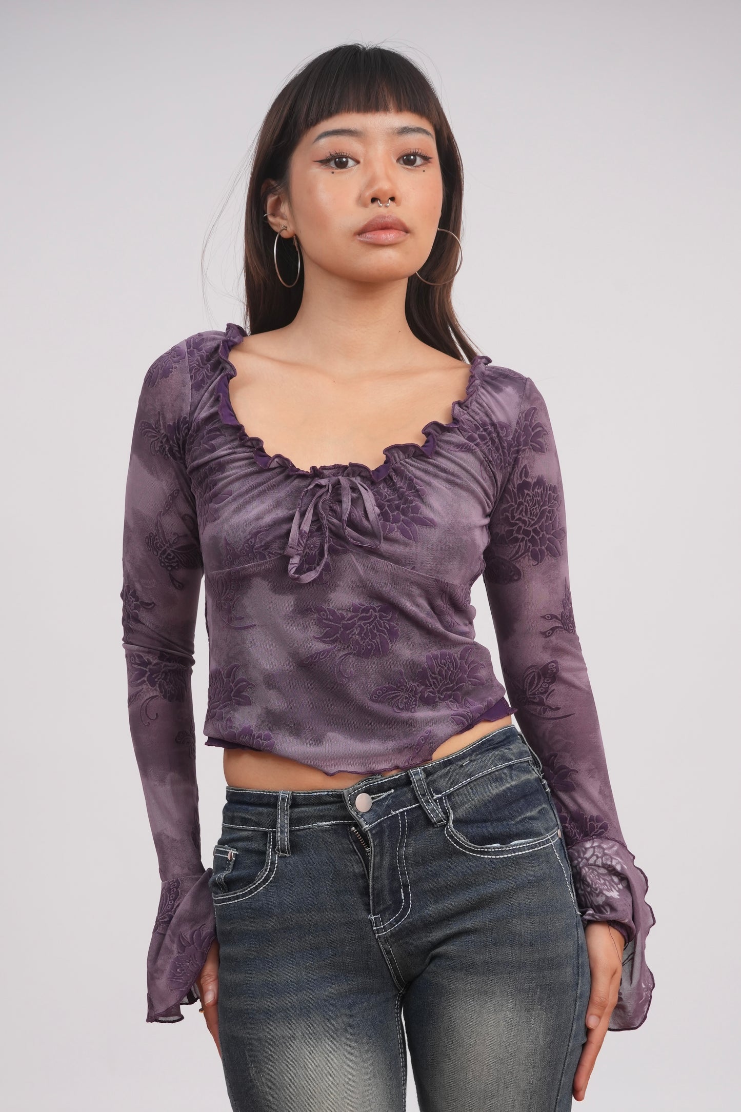 Flocked Rose Trumpet Sleeve Mesh Top