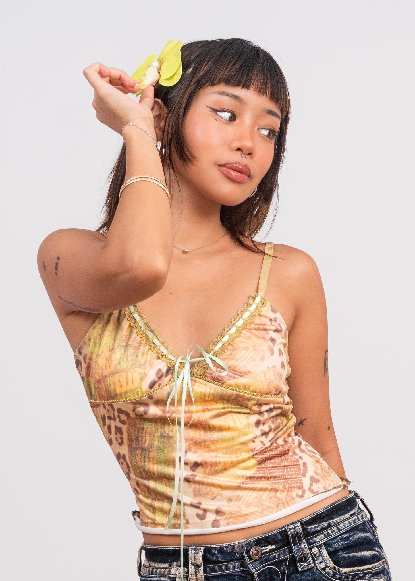 Leopard Print Contrast Lace Bow Camisole