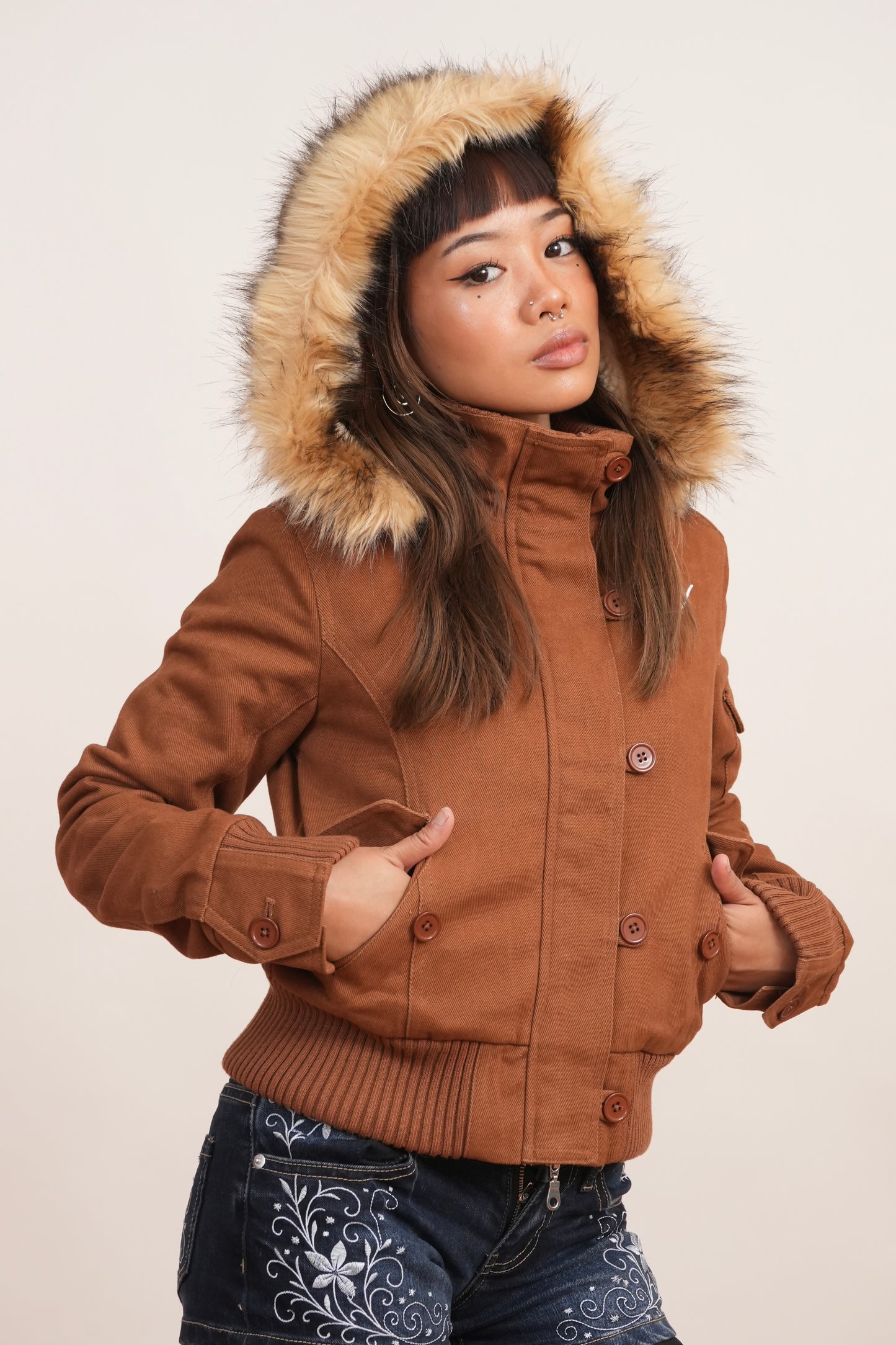 V2 2000s Jacket with Fur Collar