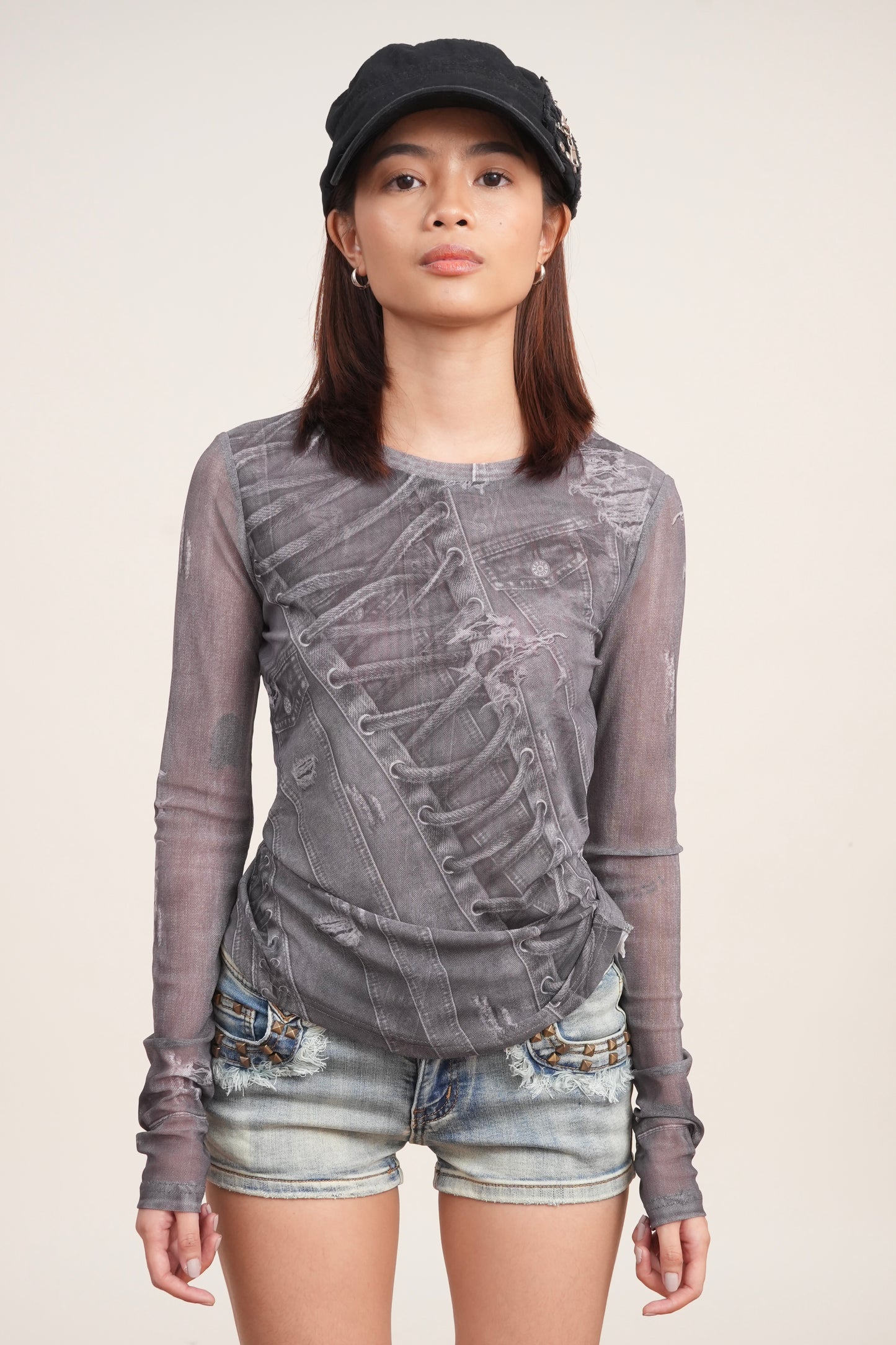 Denim Print Long-Sleeve Slim Fit Top