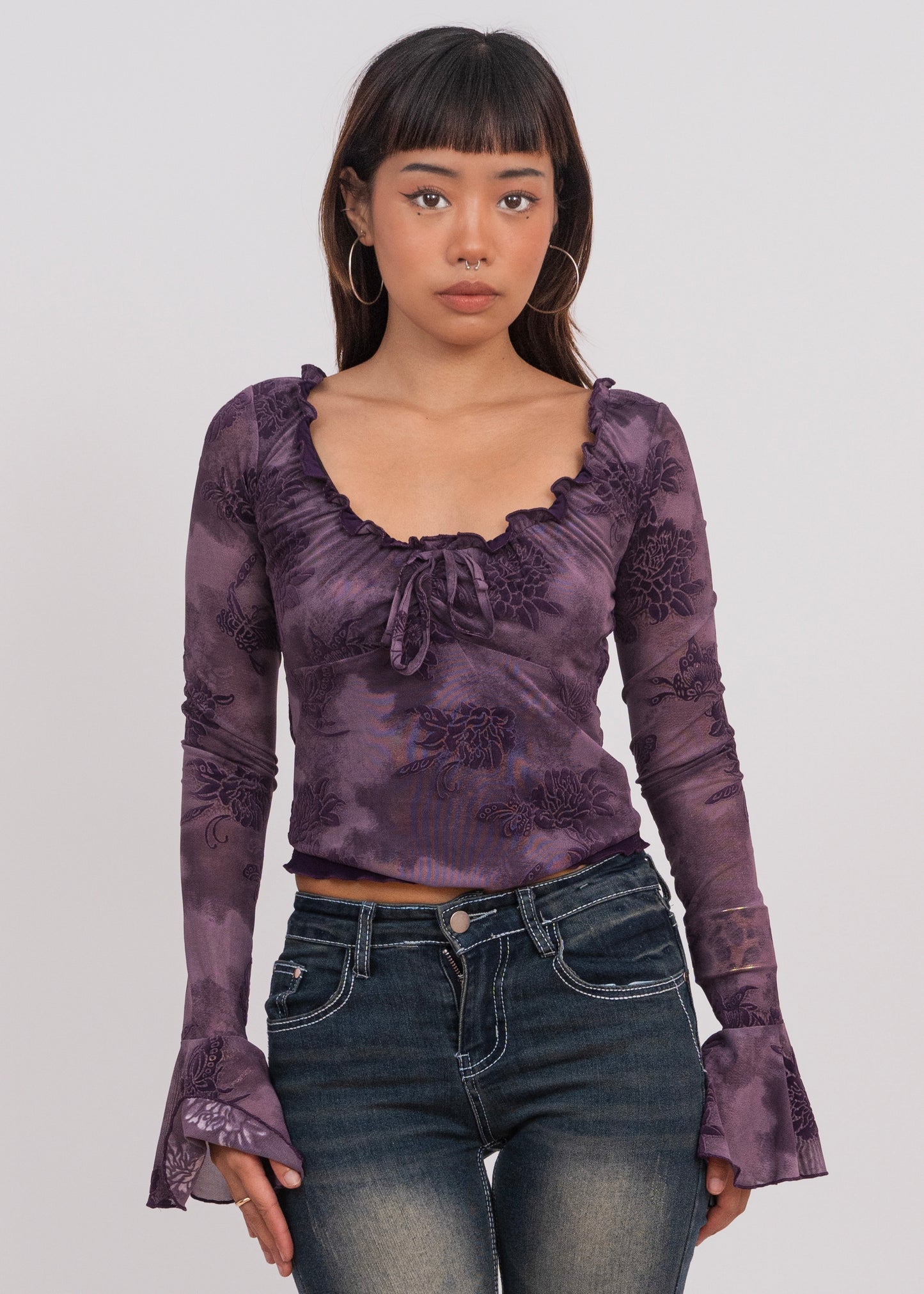Flocked Rose Trumpet Sleeve Mesh Top