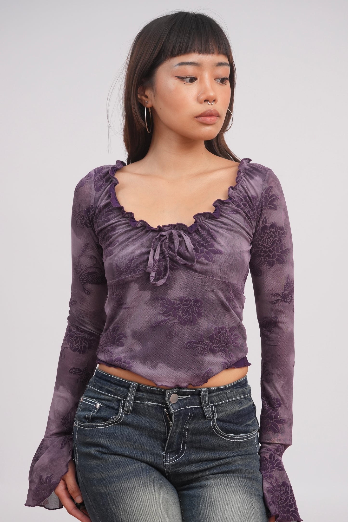 Flocked Rose Trumpet Sleeve Mesh Top