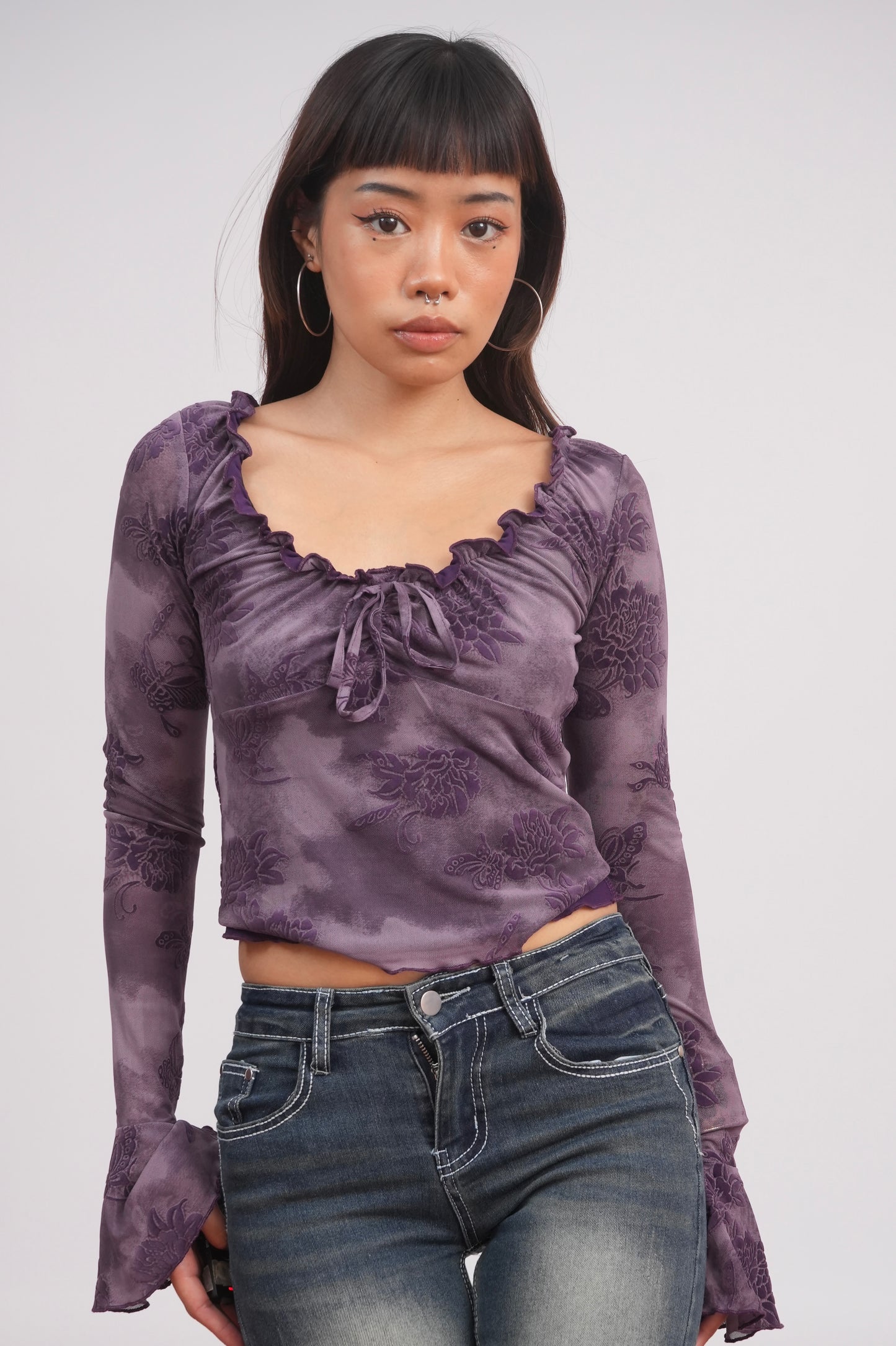 Flocked Rose Trumpet Sleeve Mesh Top