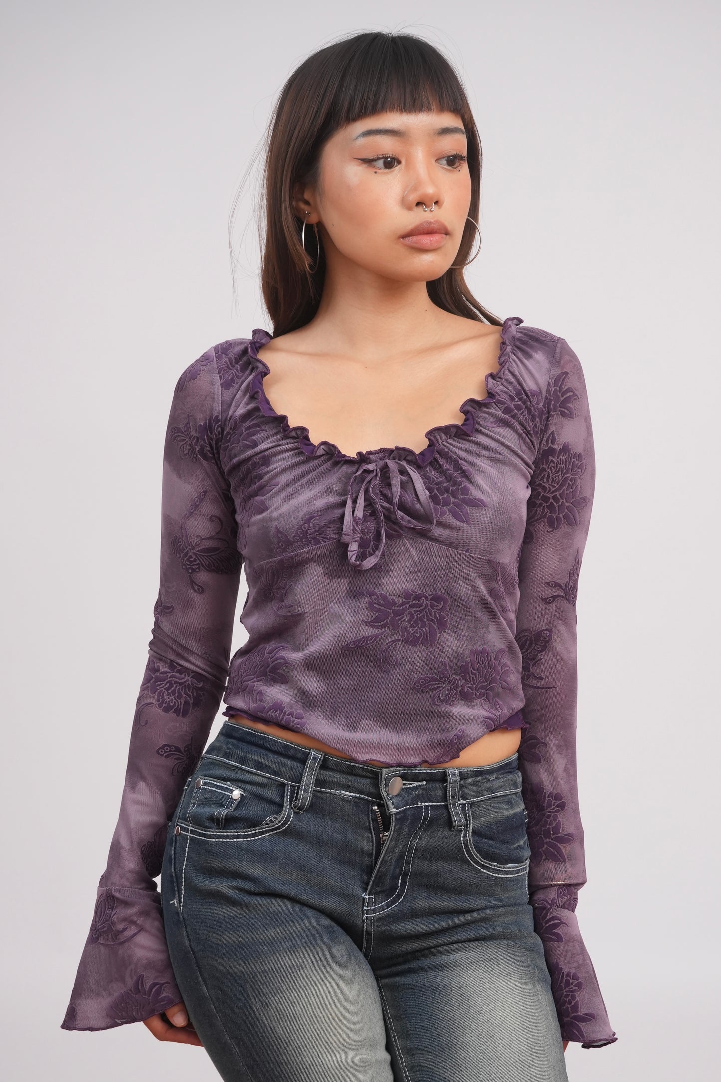 Flocked Rose Trumpet Sleeve Mesh Top