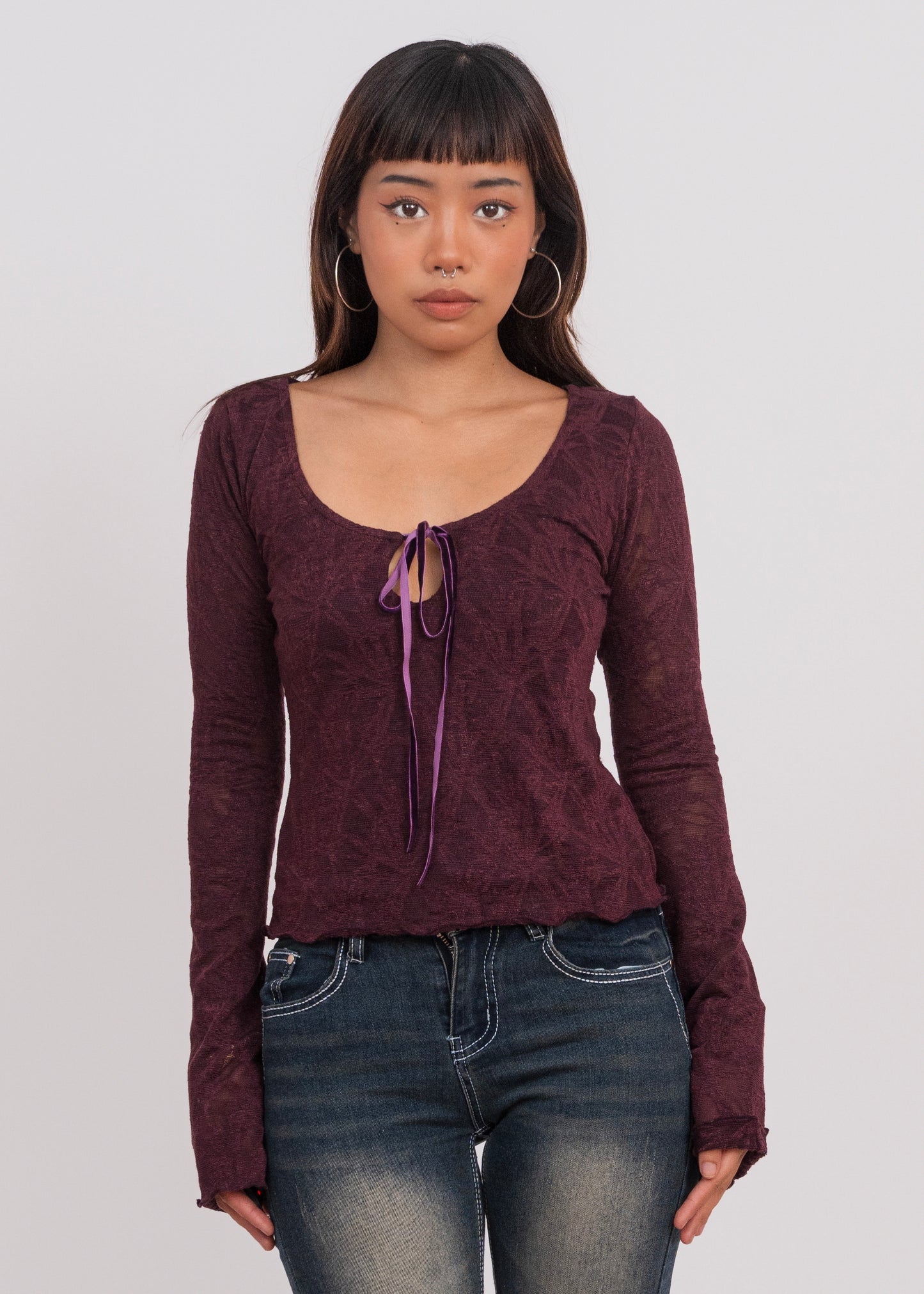 Velvet Kiss Jacquard Tie-Front Top