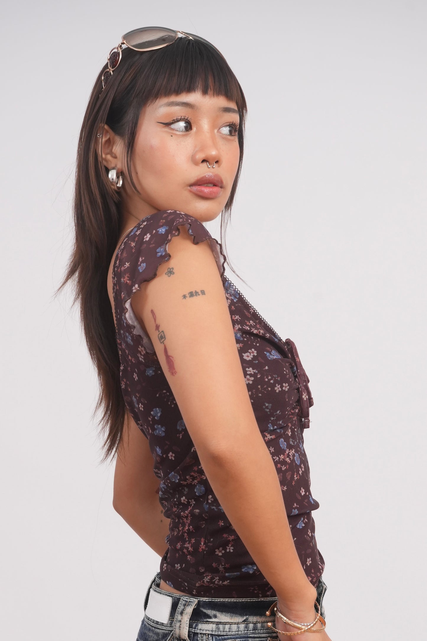 Brown Floral Mesh Top