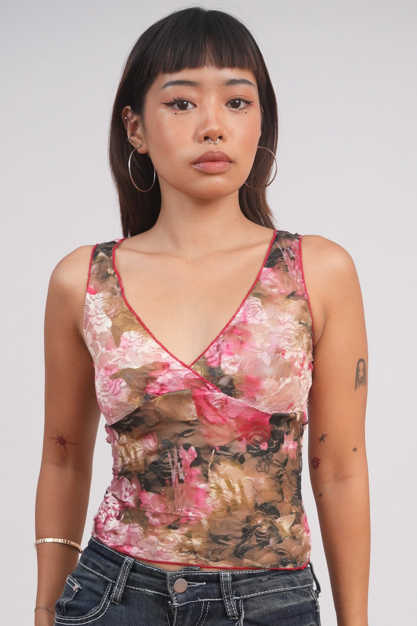 Floral Mesh V-Neck Top