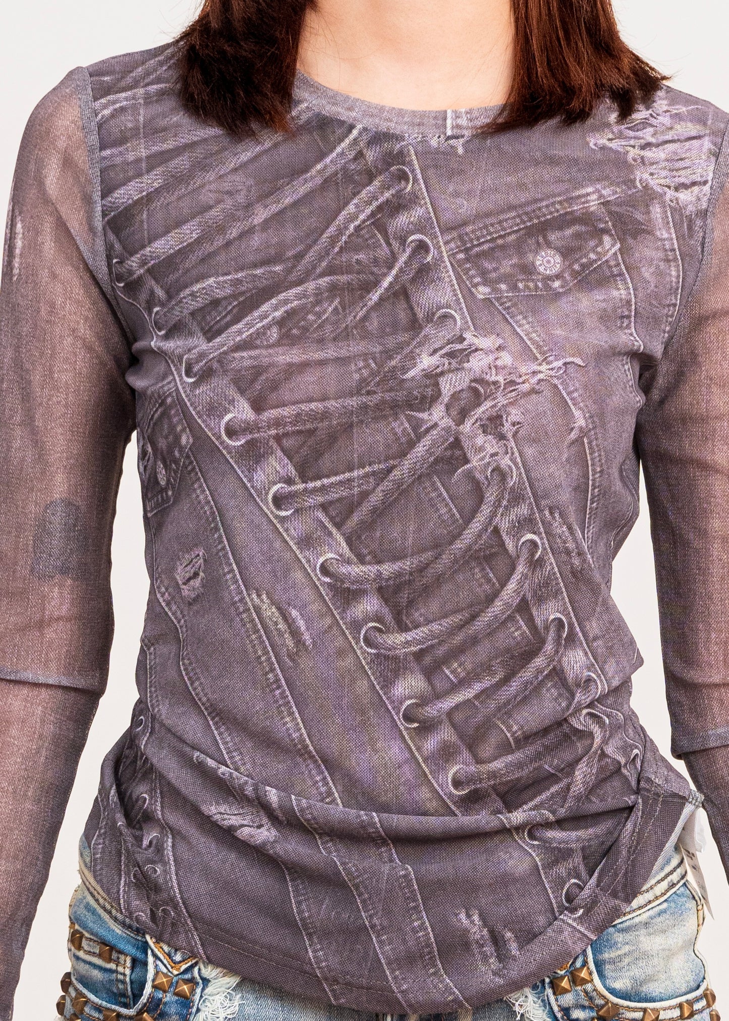 Denim Print Long-Sleeve Slim Fit Top