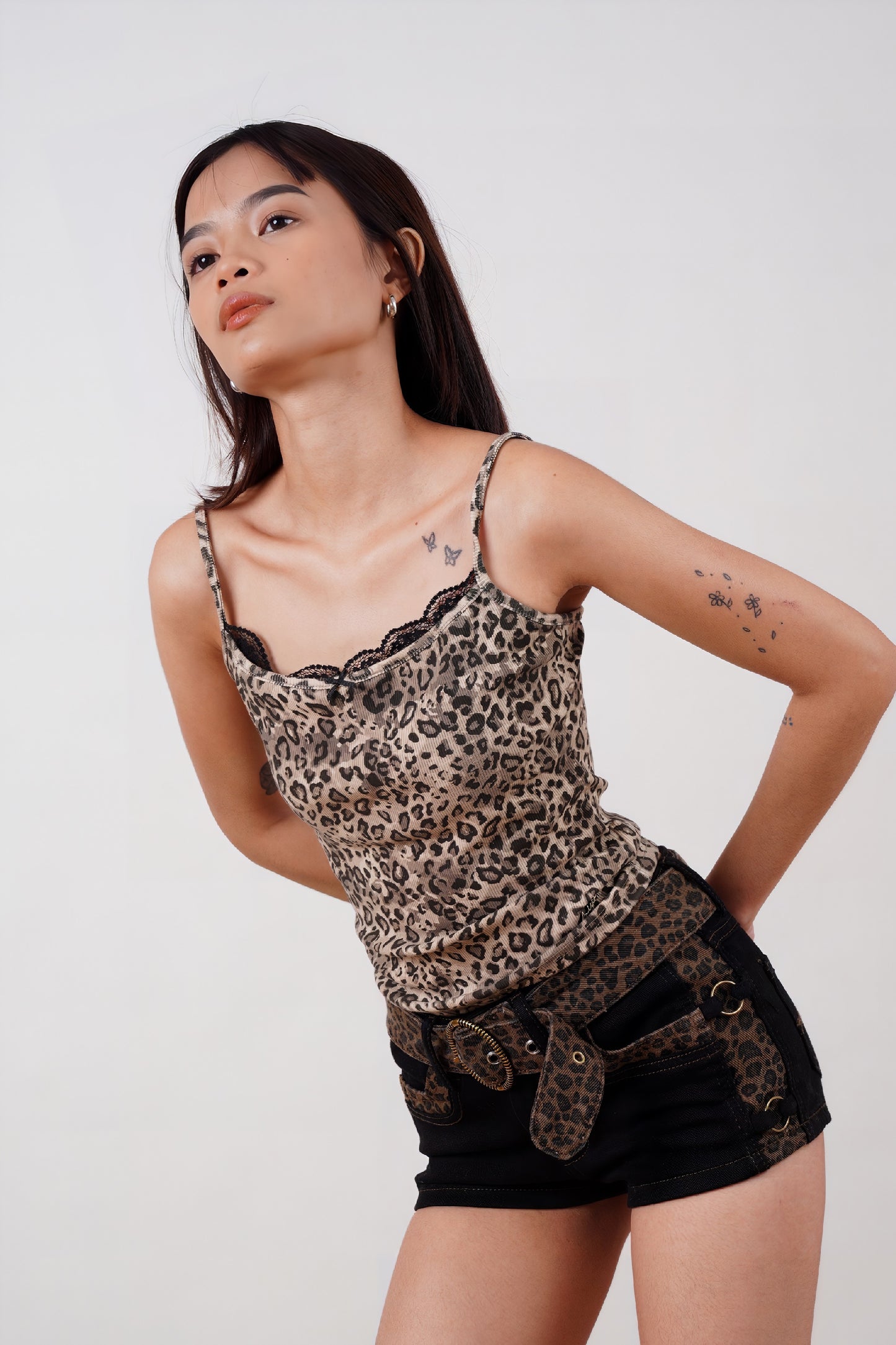 Black Denim Shorts with Leopard Print & Belt