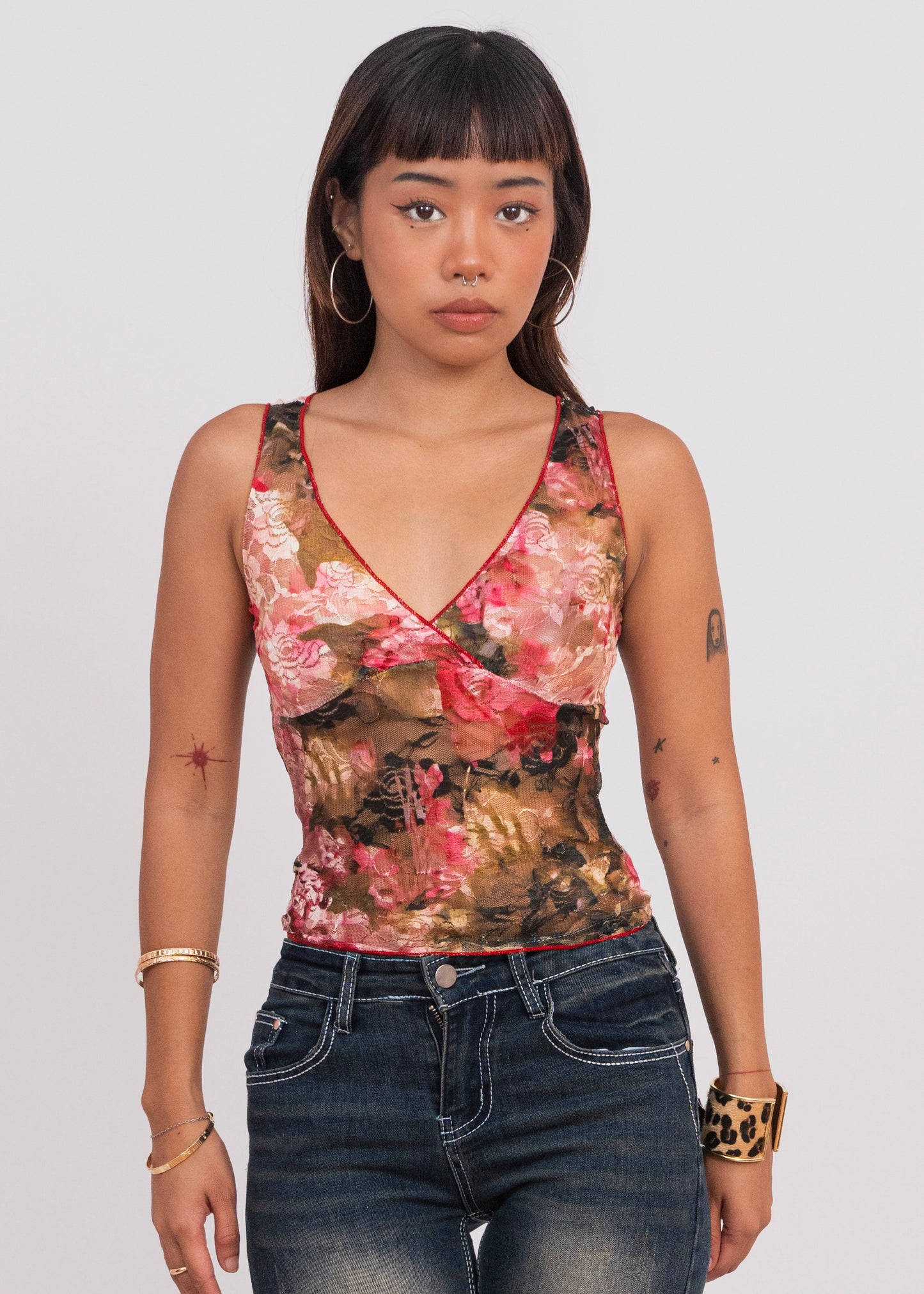 Floral Mesh V-Neck Top