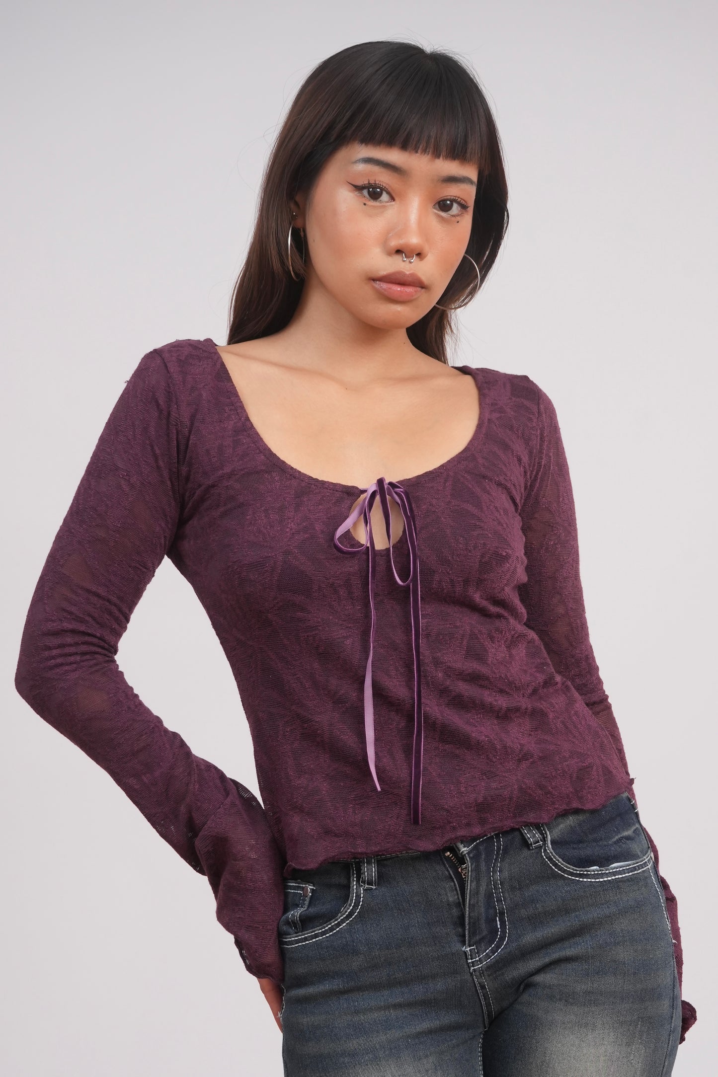 Velvet Kiss Jacquard Tie-Front Top