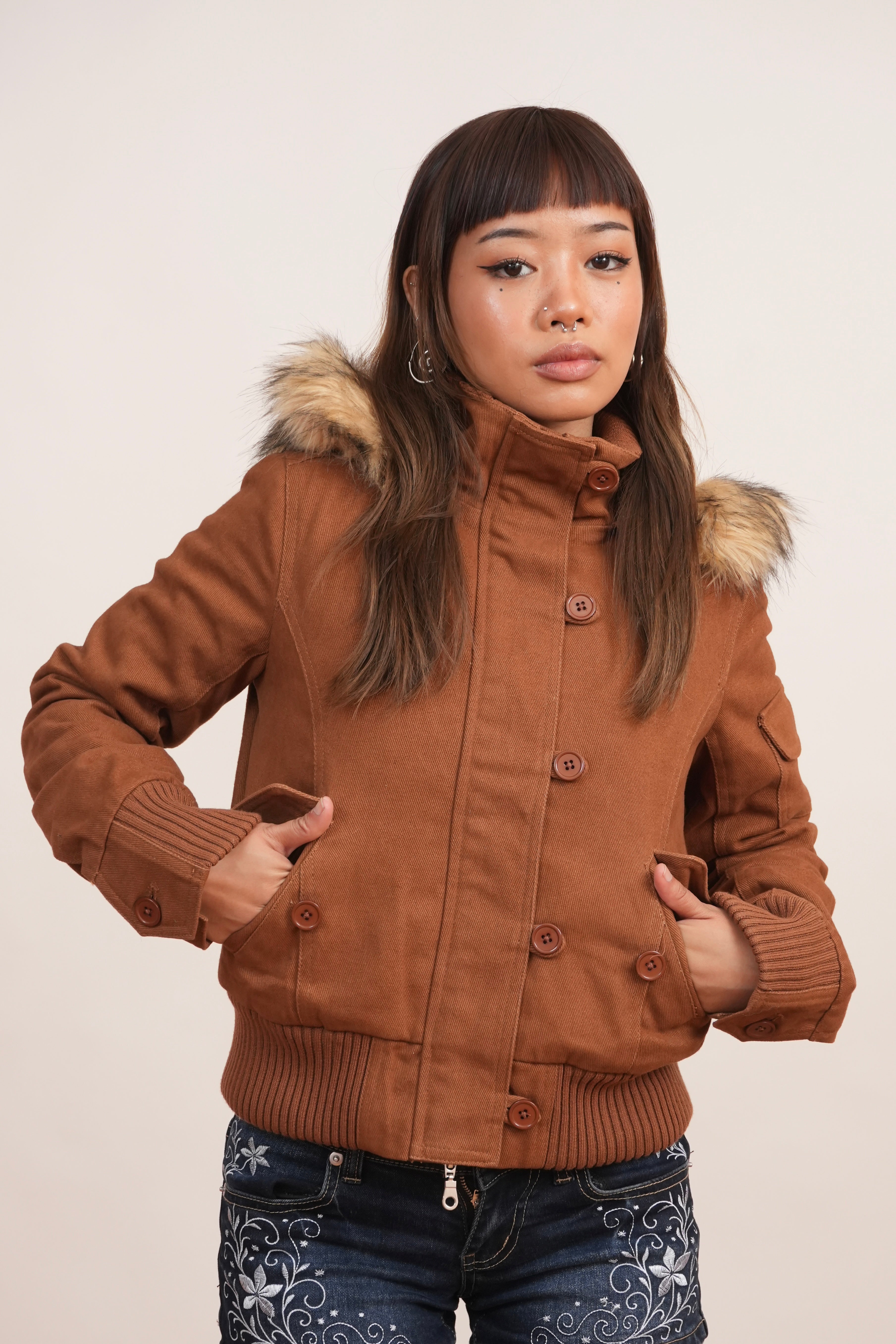 V2 2000s Jacket with Fur Collar