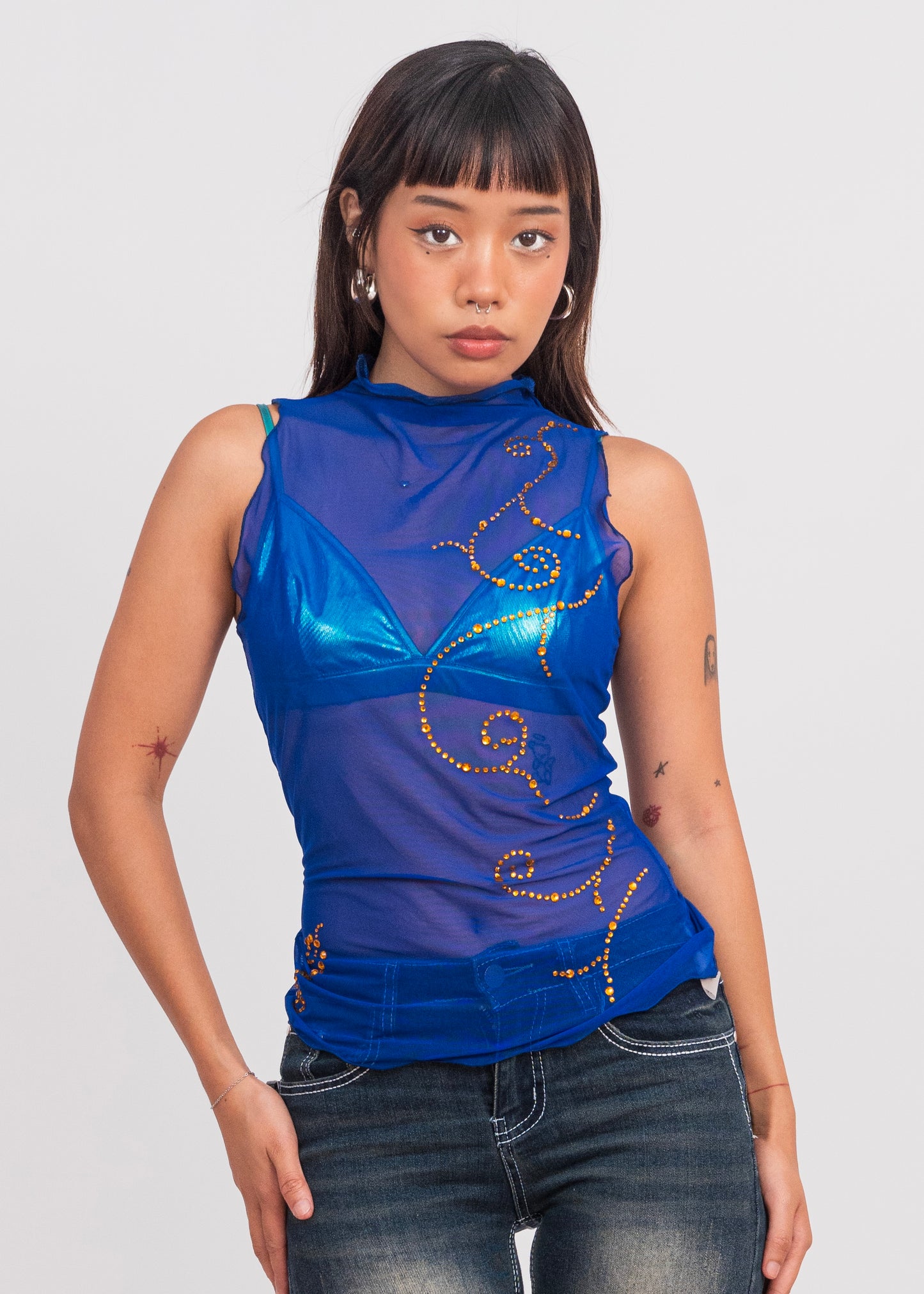 Sleeveless Mesh Diamond Top with Metallic Bra