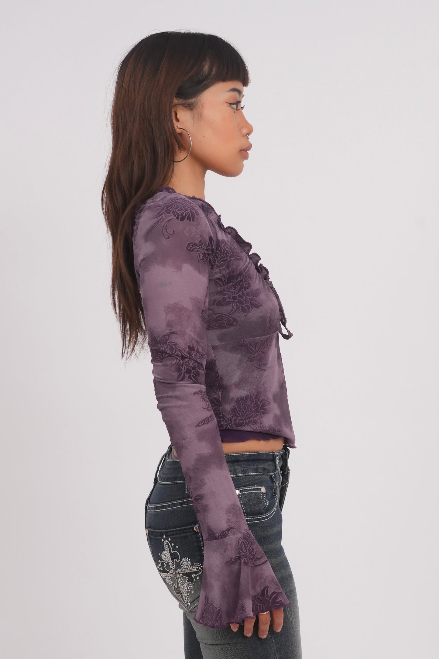 Flocked Rose Trumpet Sleeve Mesh Top