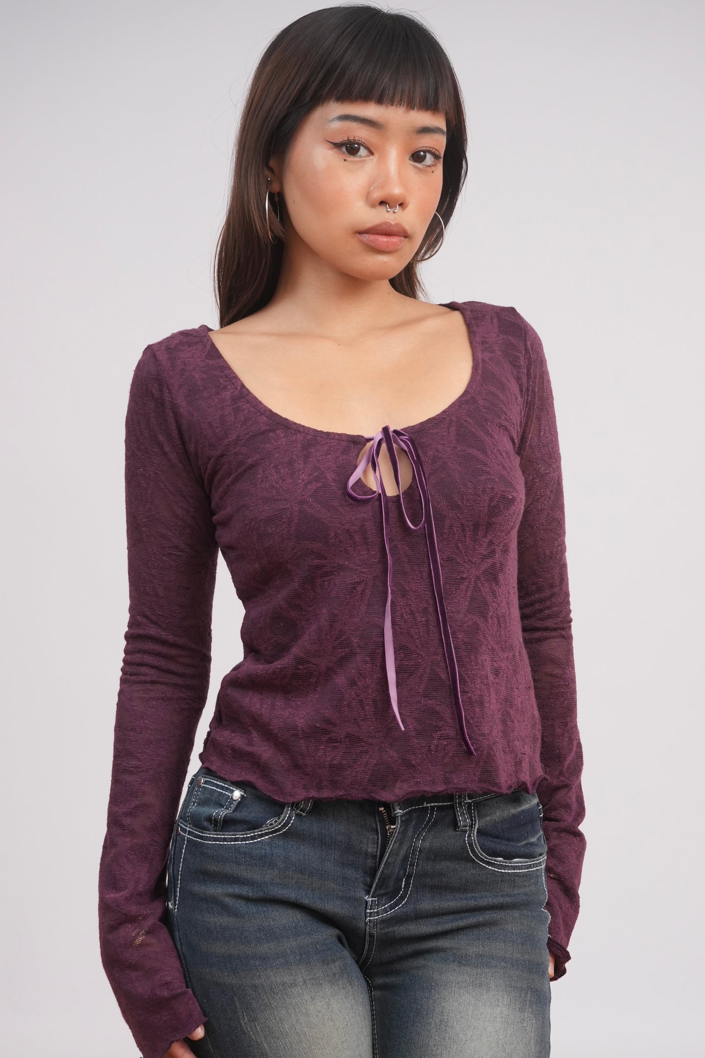 Velvet Kiss Jacquard Tie-Front Top