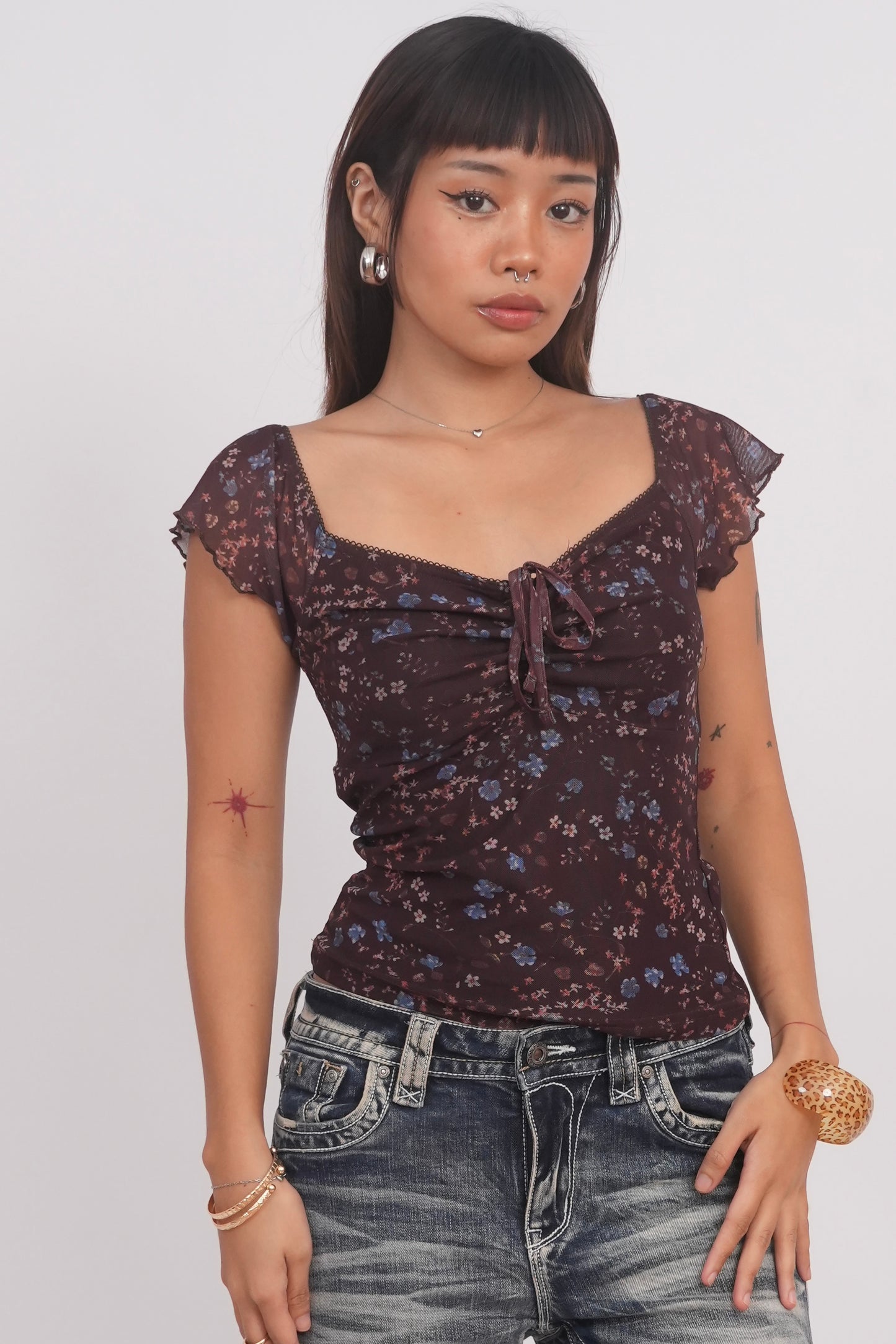 Brown Floral Mesh Top