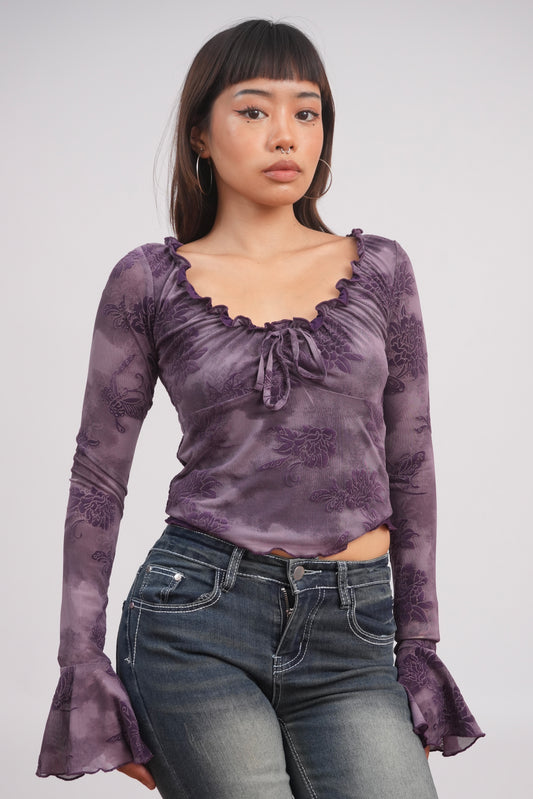 Flocked Rose Trumpet Sleeve Mesh Top