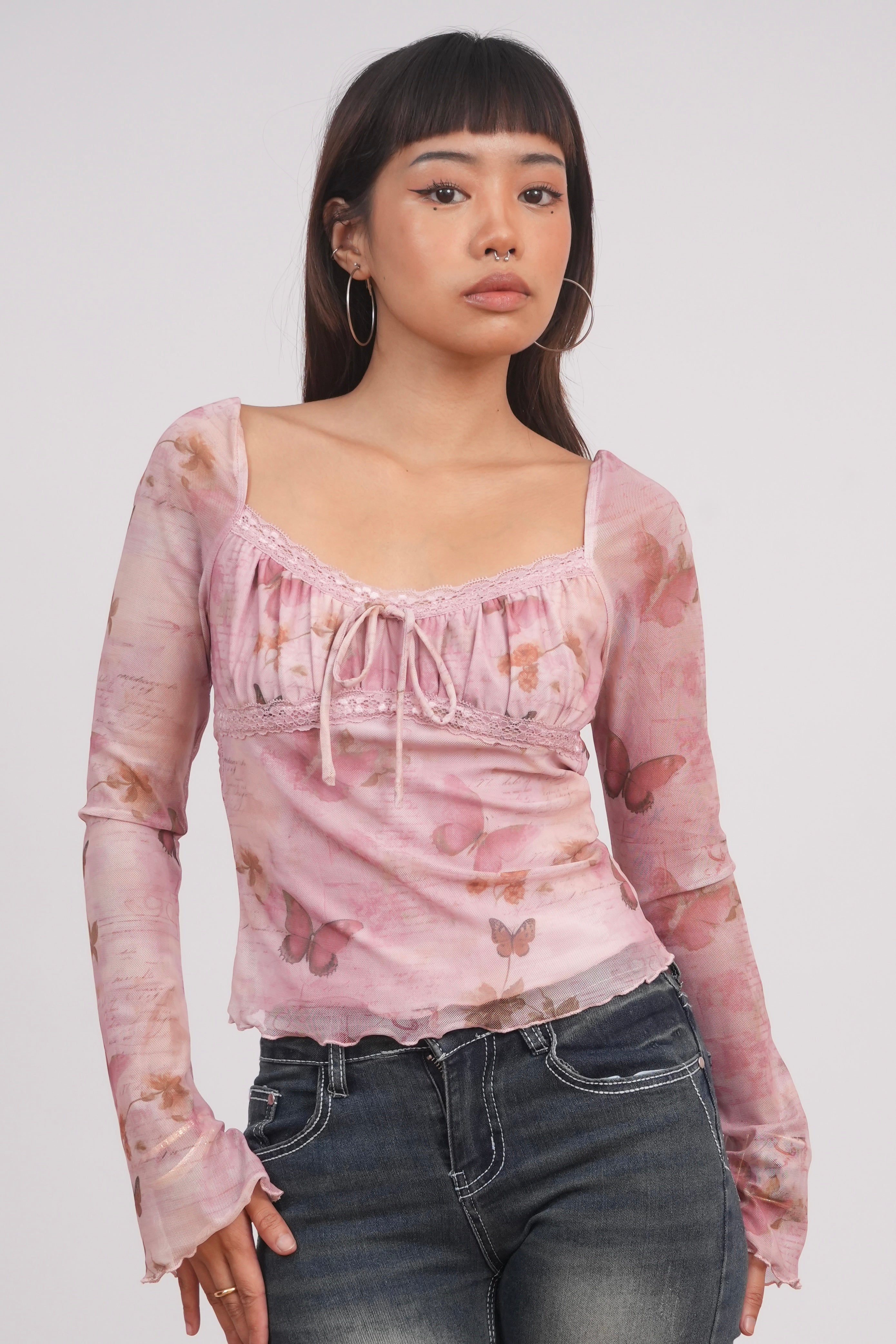 Pink Mesh Long Sleeve Top