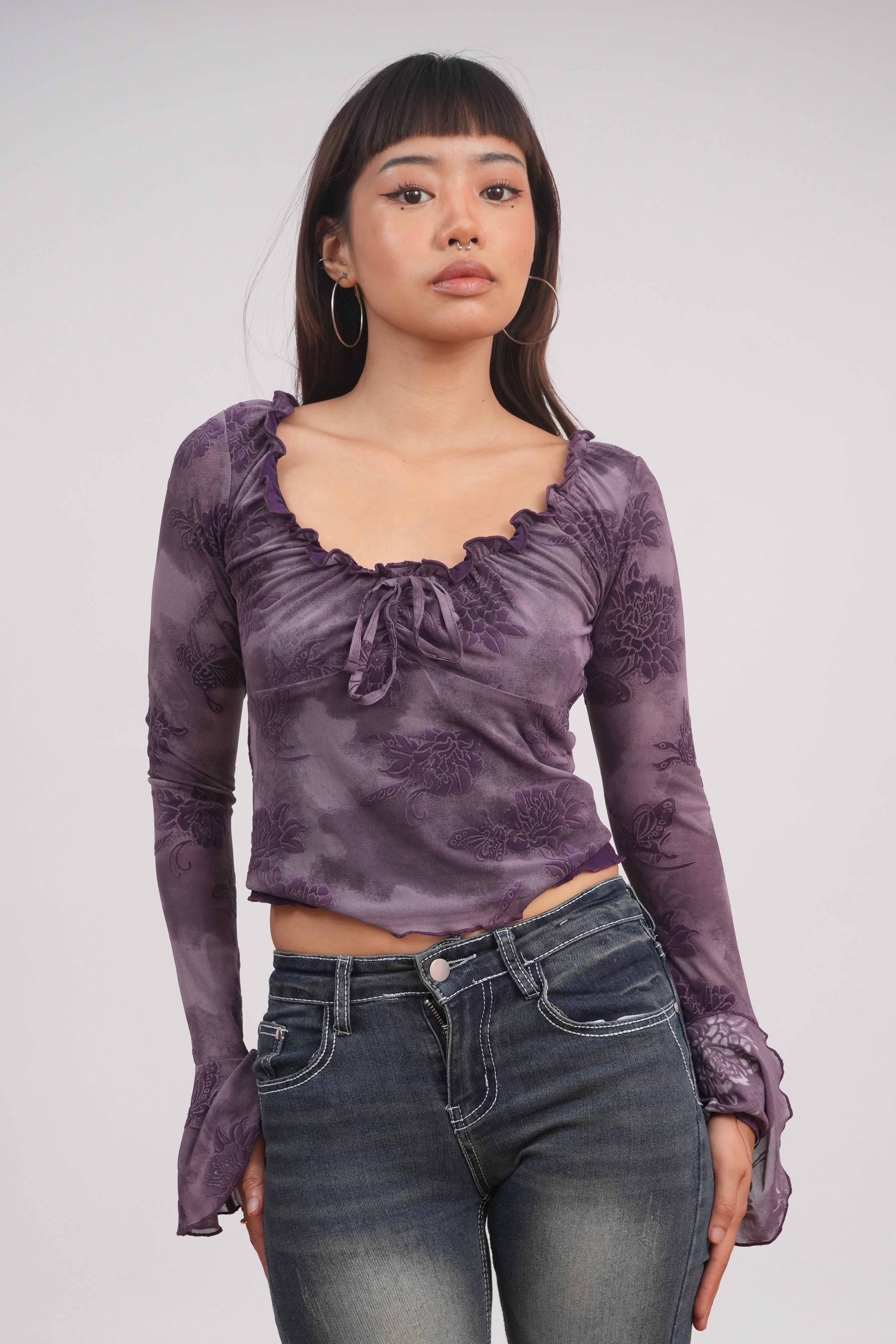Flocked Rose Trumpet Sleeve Mesh Top