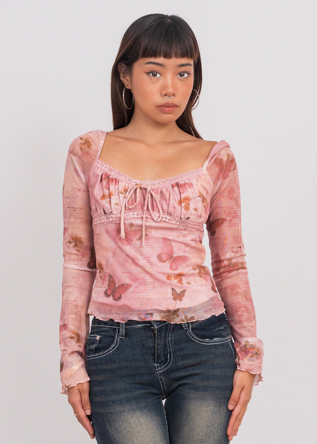 Pink Mesh Long Sleeve Top