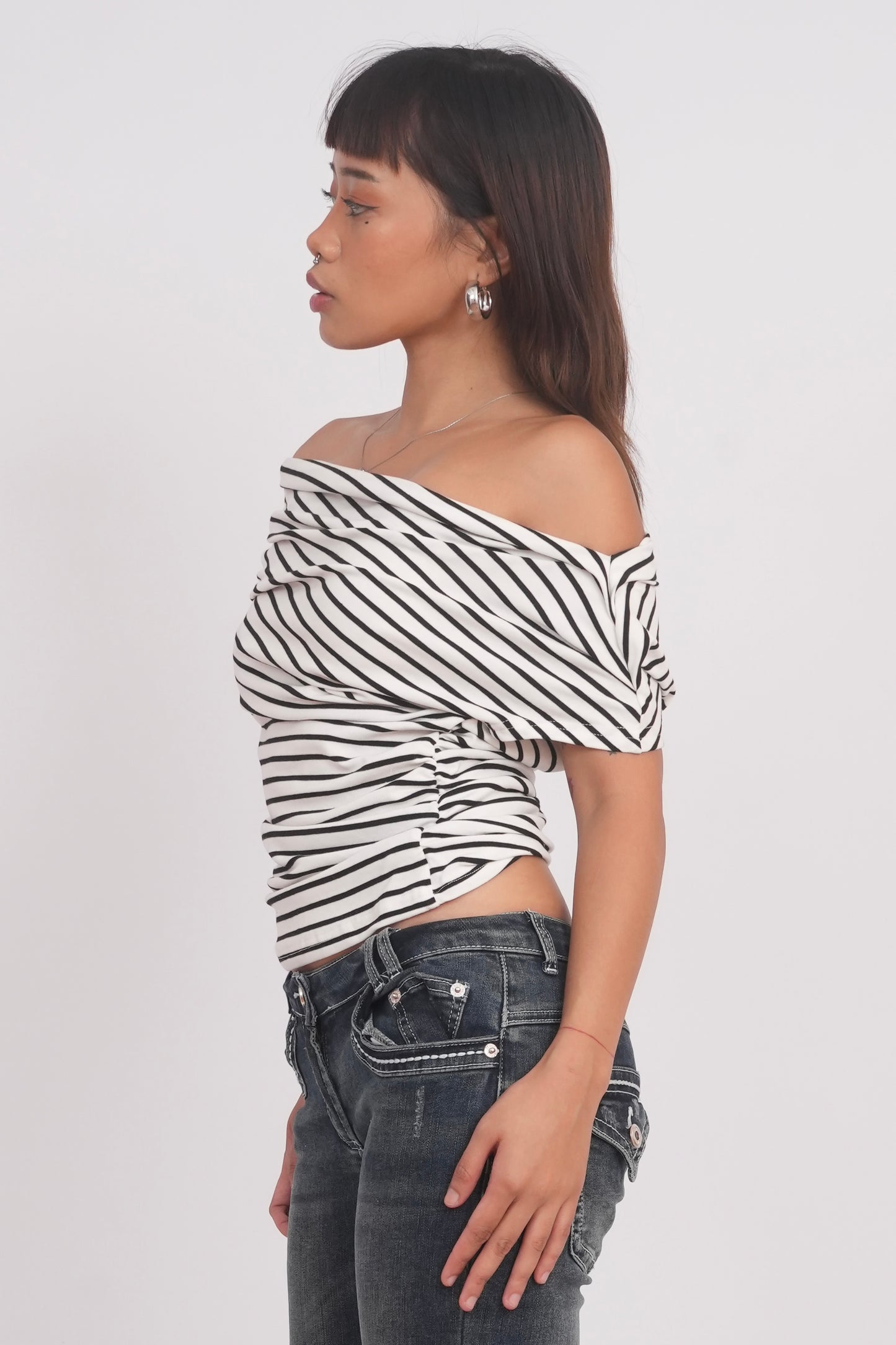 Black & White Striped Off-Shoulder Top