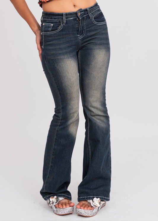 Low Waist Patch Work Flared Jeans