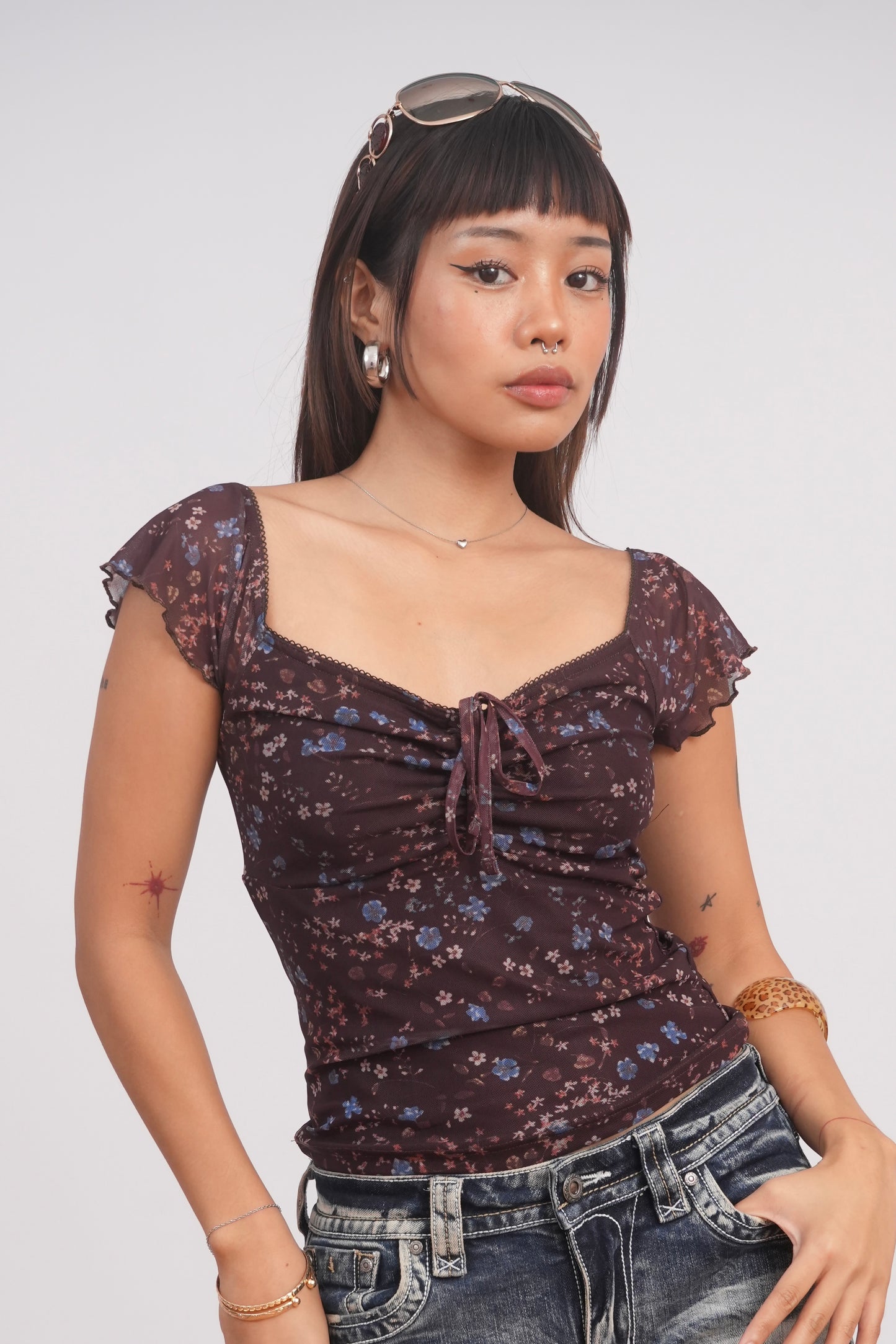 Brown Floral Mesh Top