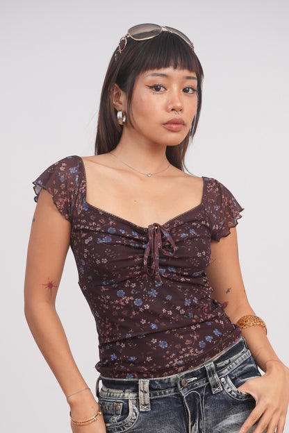 Brown Floral Mesh Top