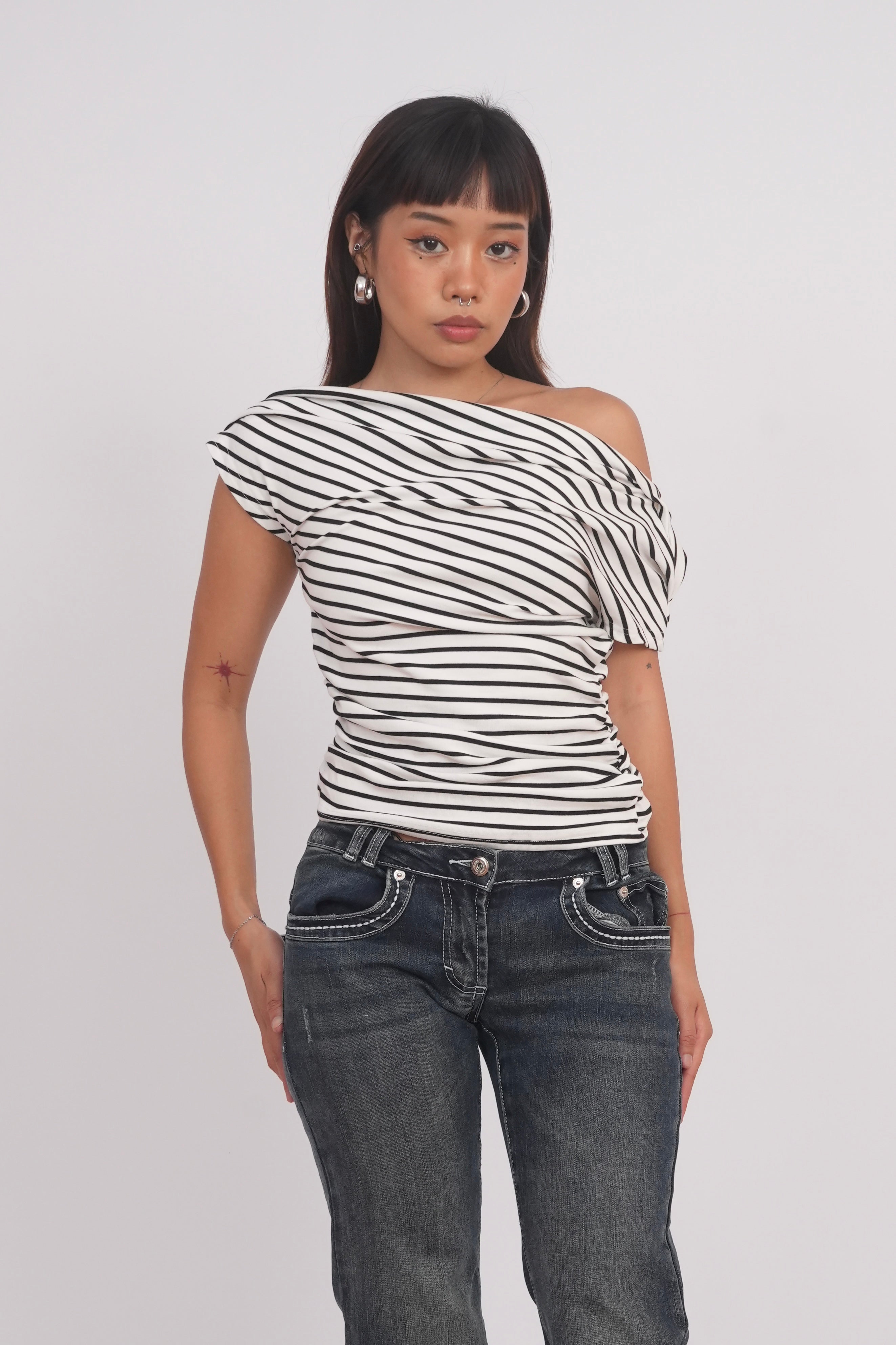 Black & White Striped Off-Shoulder Top
