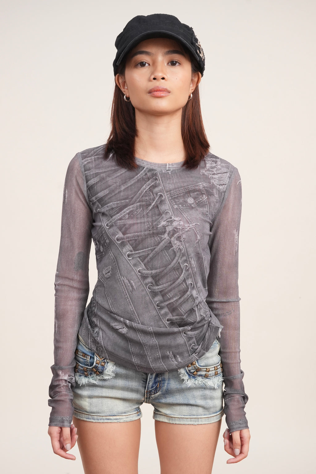 Denim Print Long-Sleeve Slim Fit Top