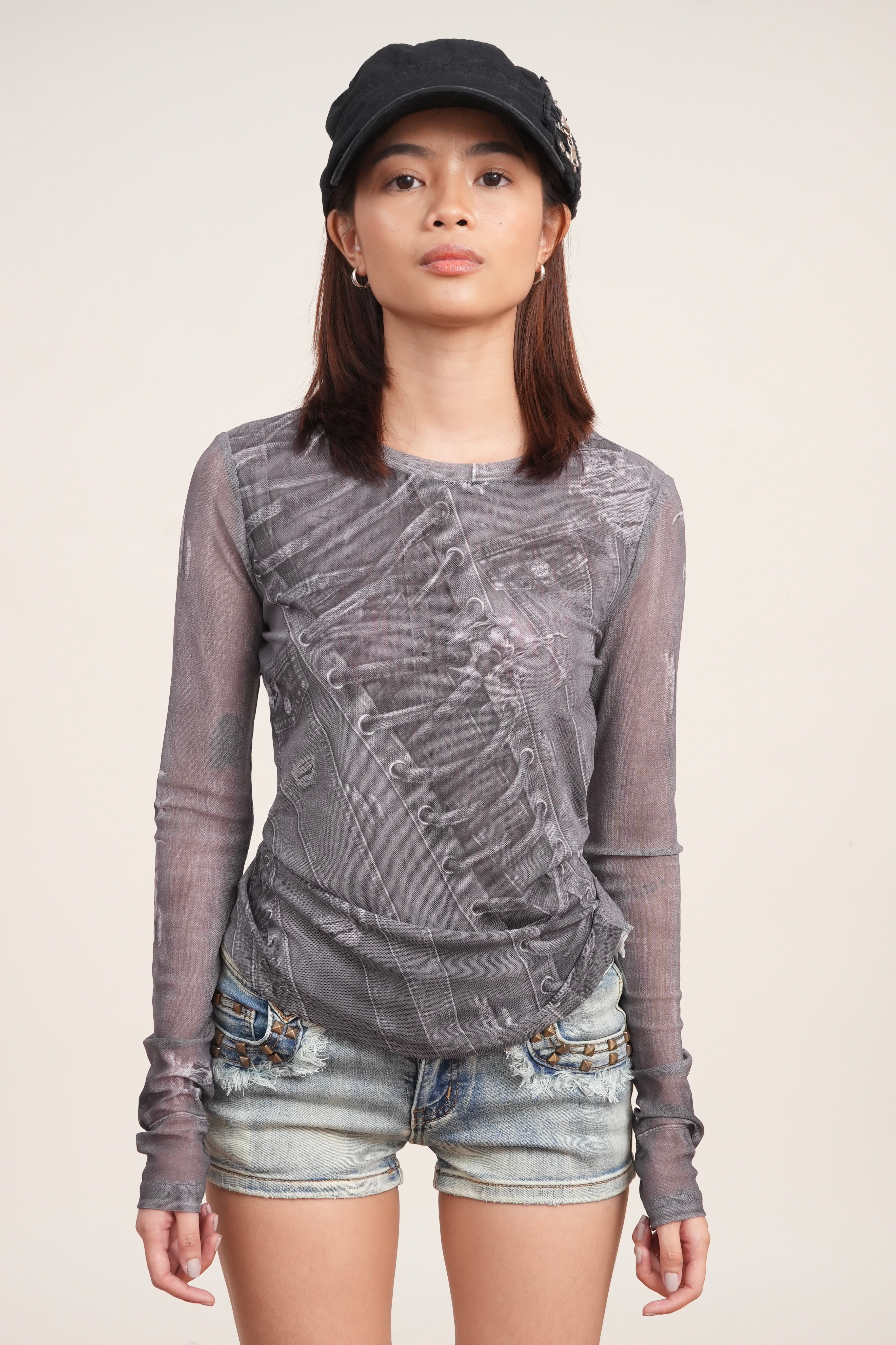 Denim Print Long-Sleeve Slim Fit Top