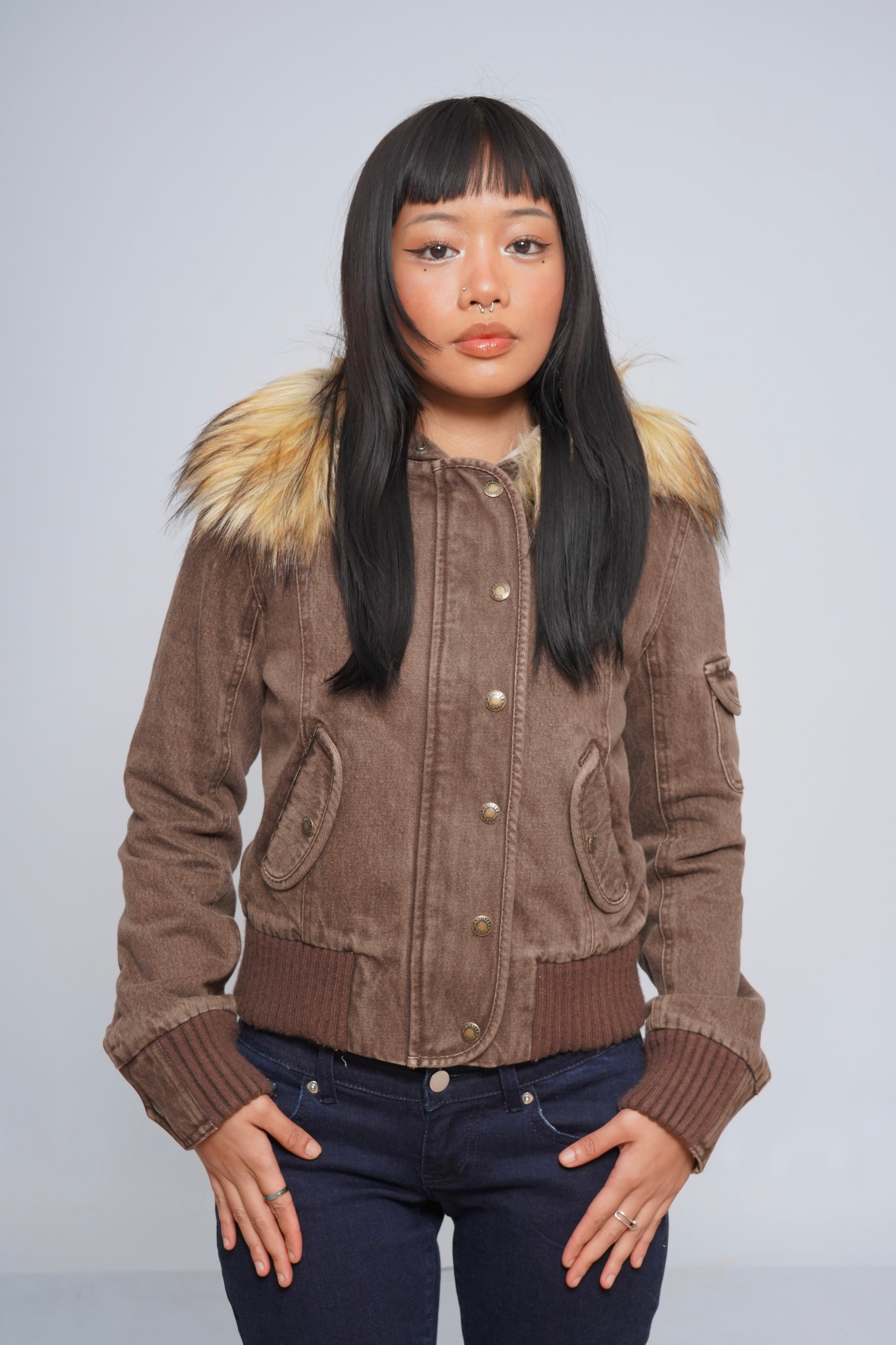 Cropped 2000s Jacket with Fur Collar