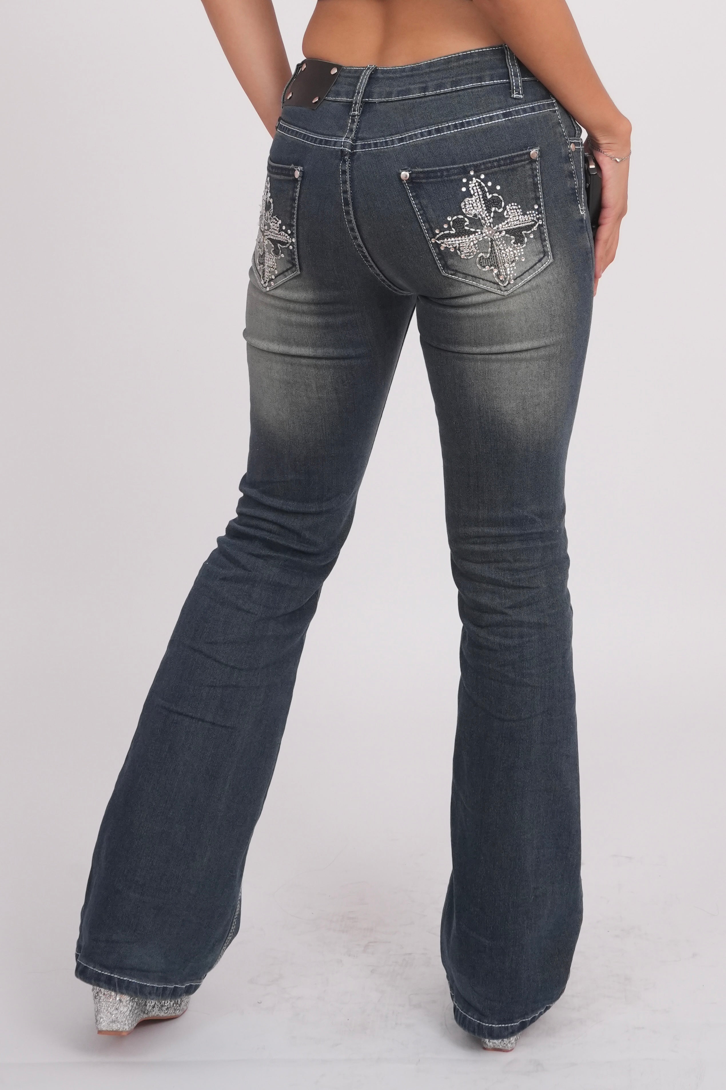 Low Waist Patch Work Flared Jeans