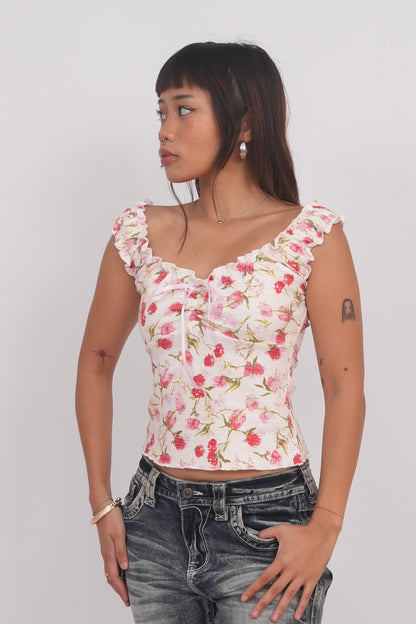 Ruffle Edge Rose Print Sleeveless Vest