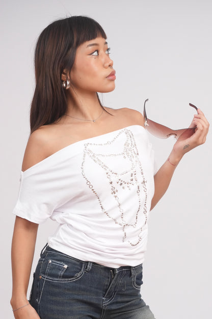 White Chain Graphic Off-Shoulder Tee
