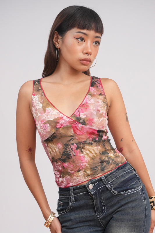 Floral Mesh V-Neck Top