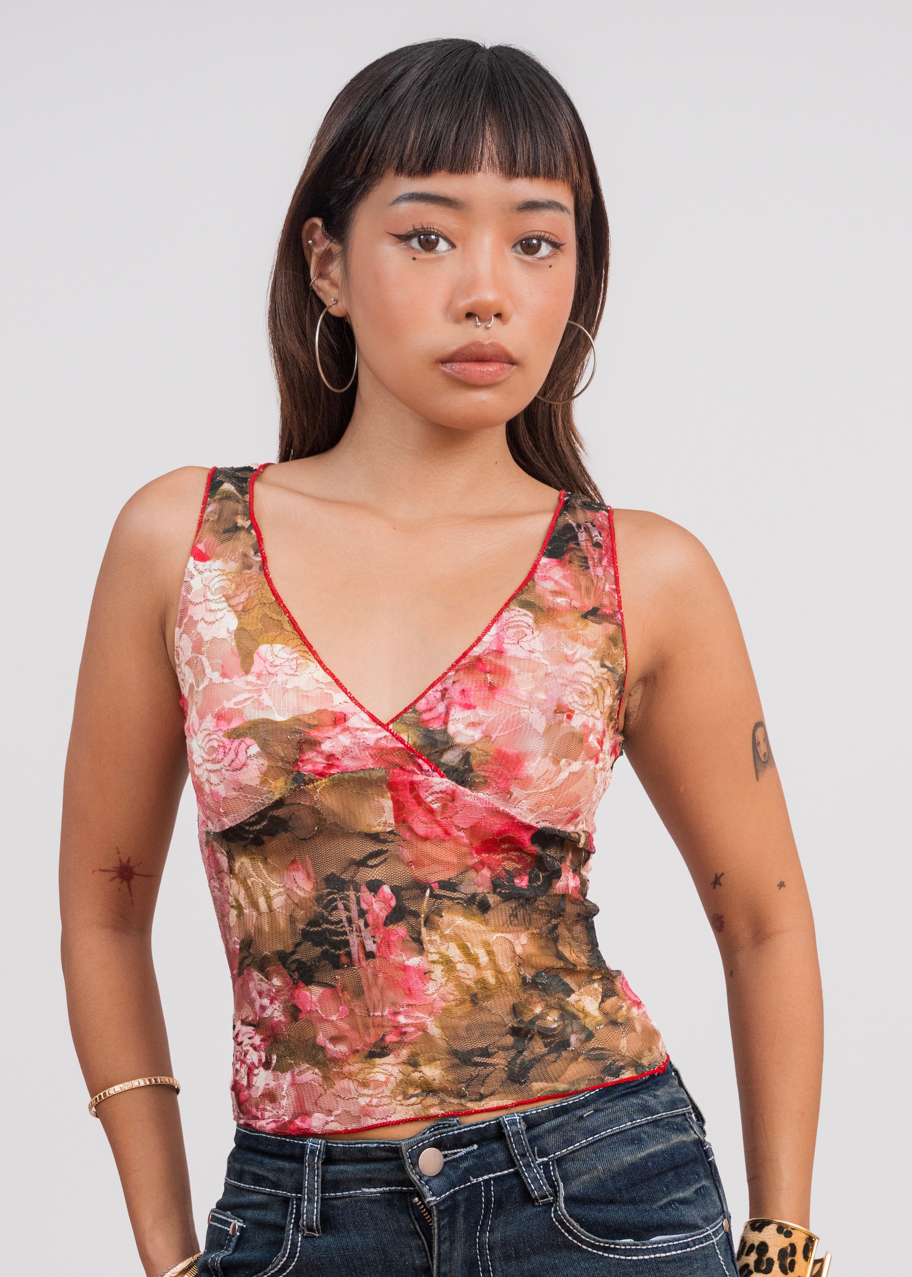 Floral Mesh V-Neck Top