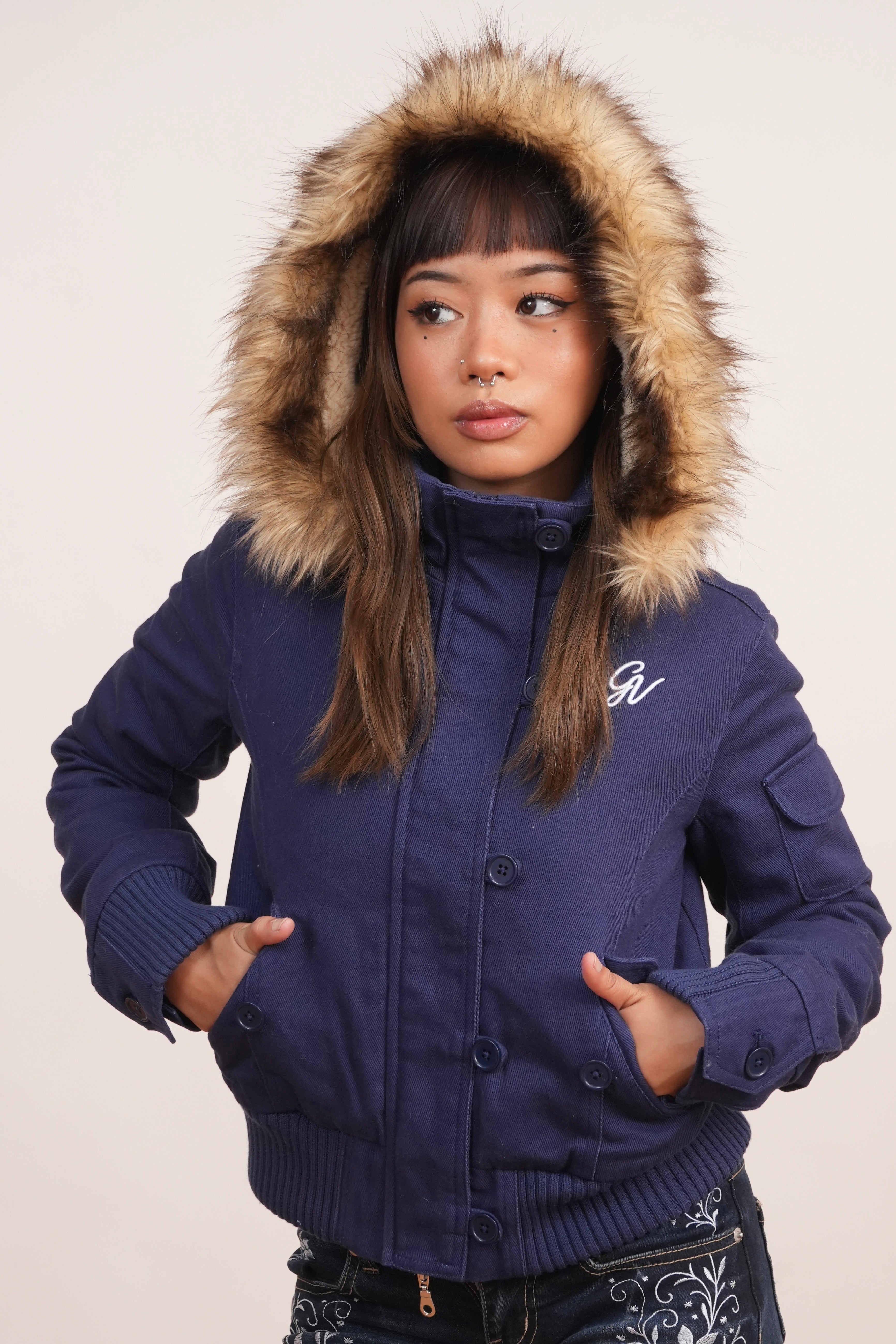 V2 2000s Jacket with Fur Collar