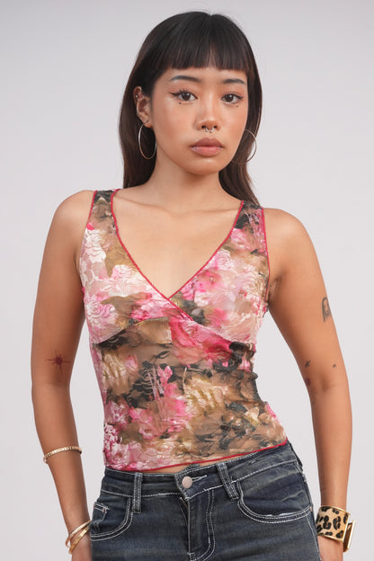 Floral Mesh V-Neck Top