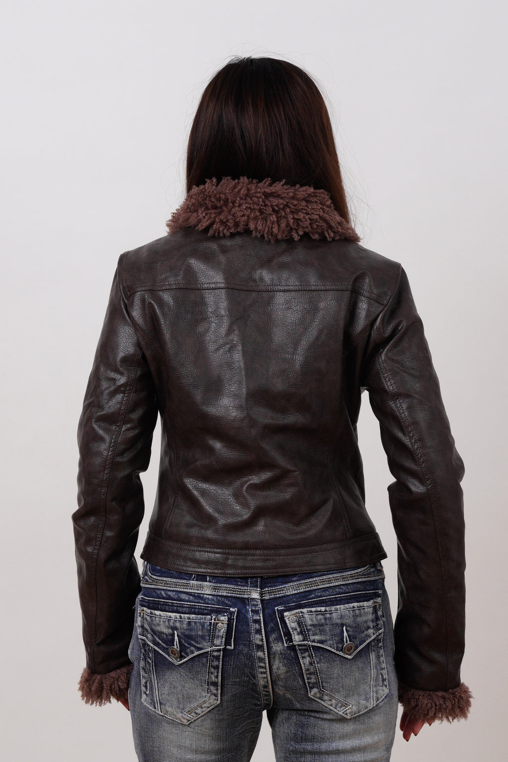 Leather Fur Collar & Sleeves Jacket