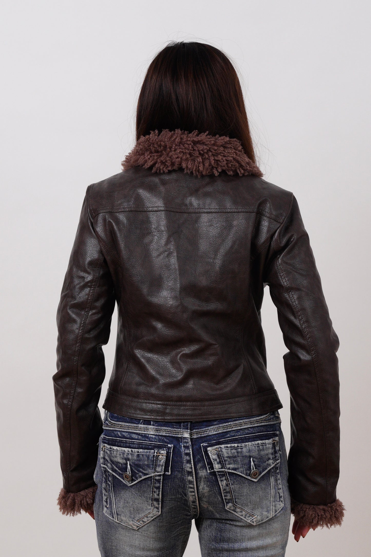 Leather Fur Collar & Sleeves Jacket