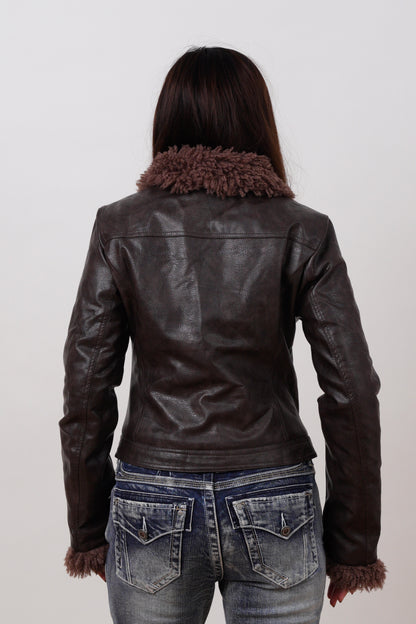 Leather Fur Collar & Sleeves Jacket