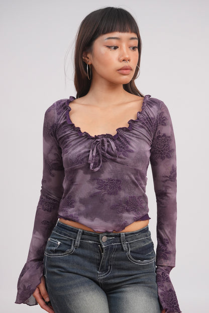 Flocked Rose Trumpet Sleeve Mesh Top