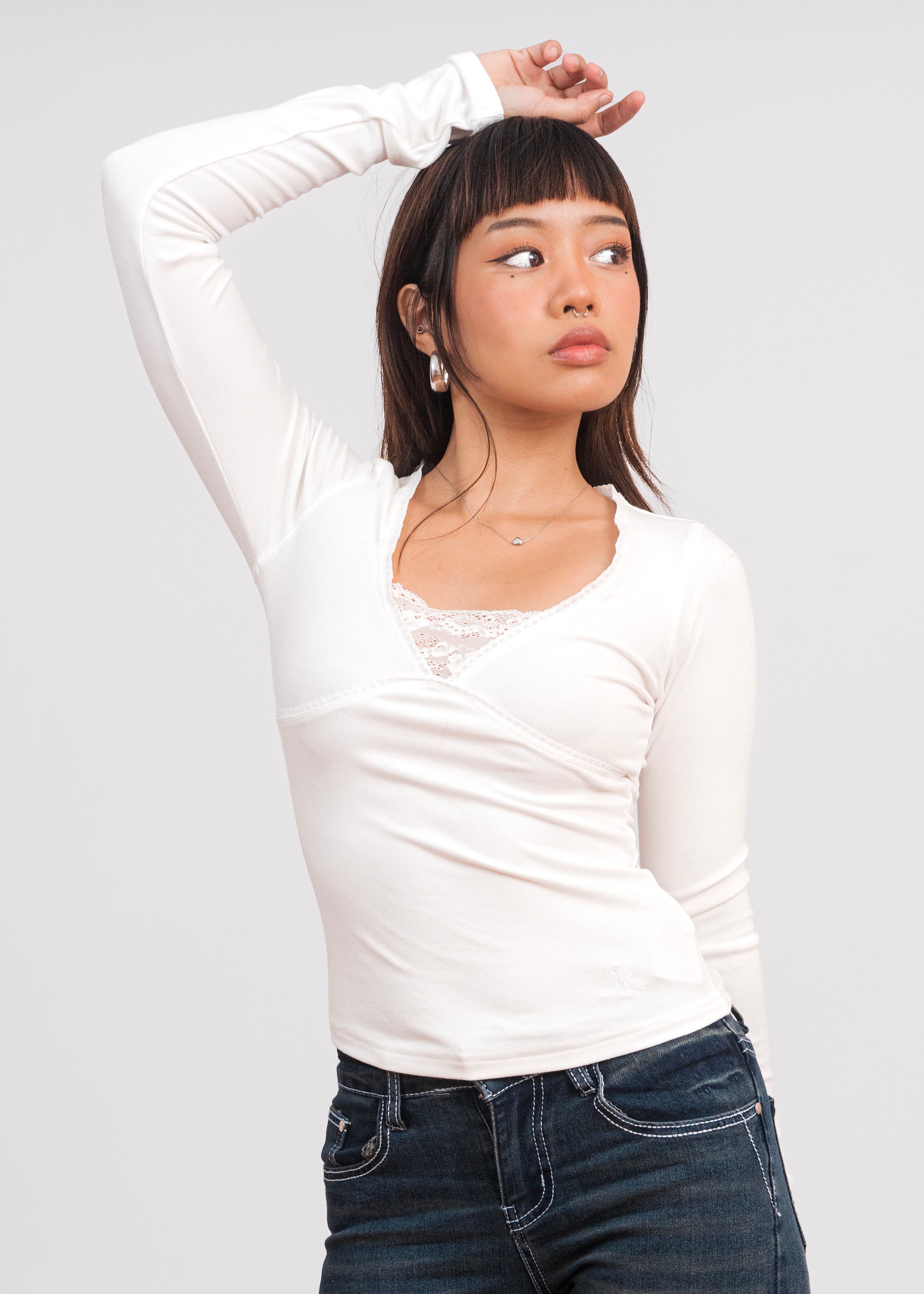 Babydoll Long Sleeve Top with Lace Detail
