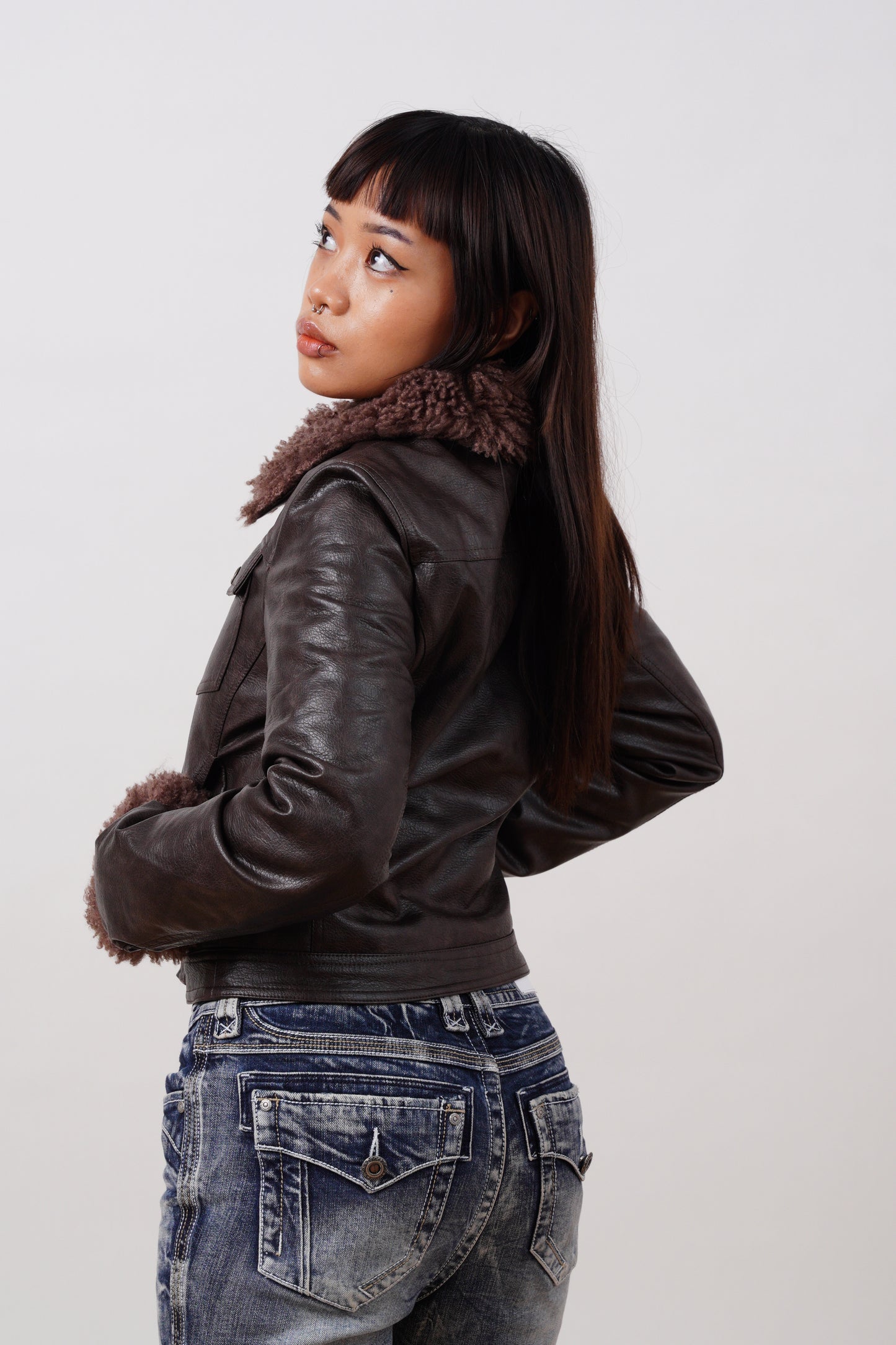 Leather Fur Collar & Sleeves Jacket