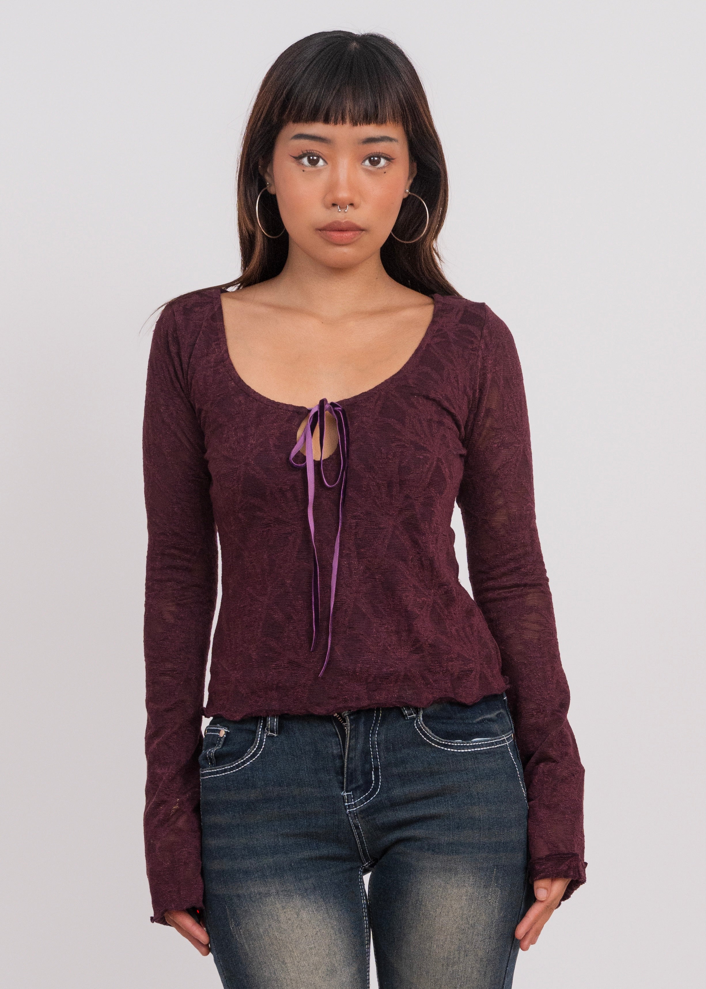 Velvet Kiss Jacquard Tie-Front Top