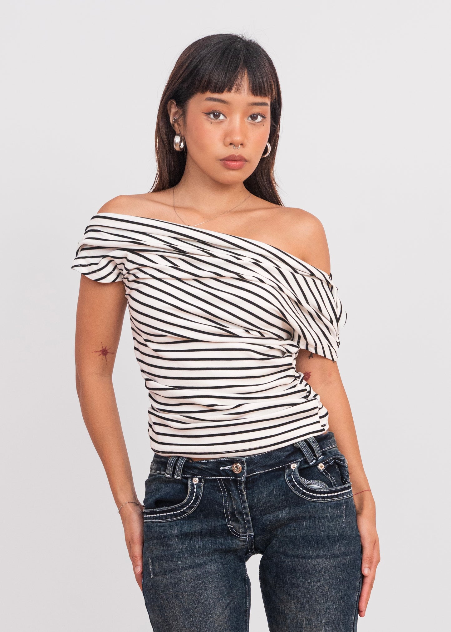 Black & White Striped Off-Shoulder Top