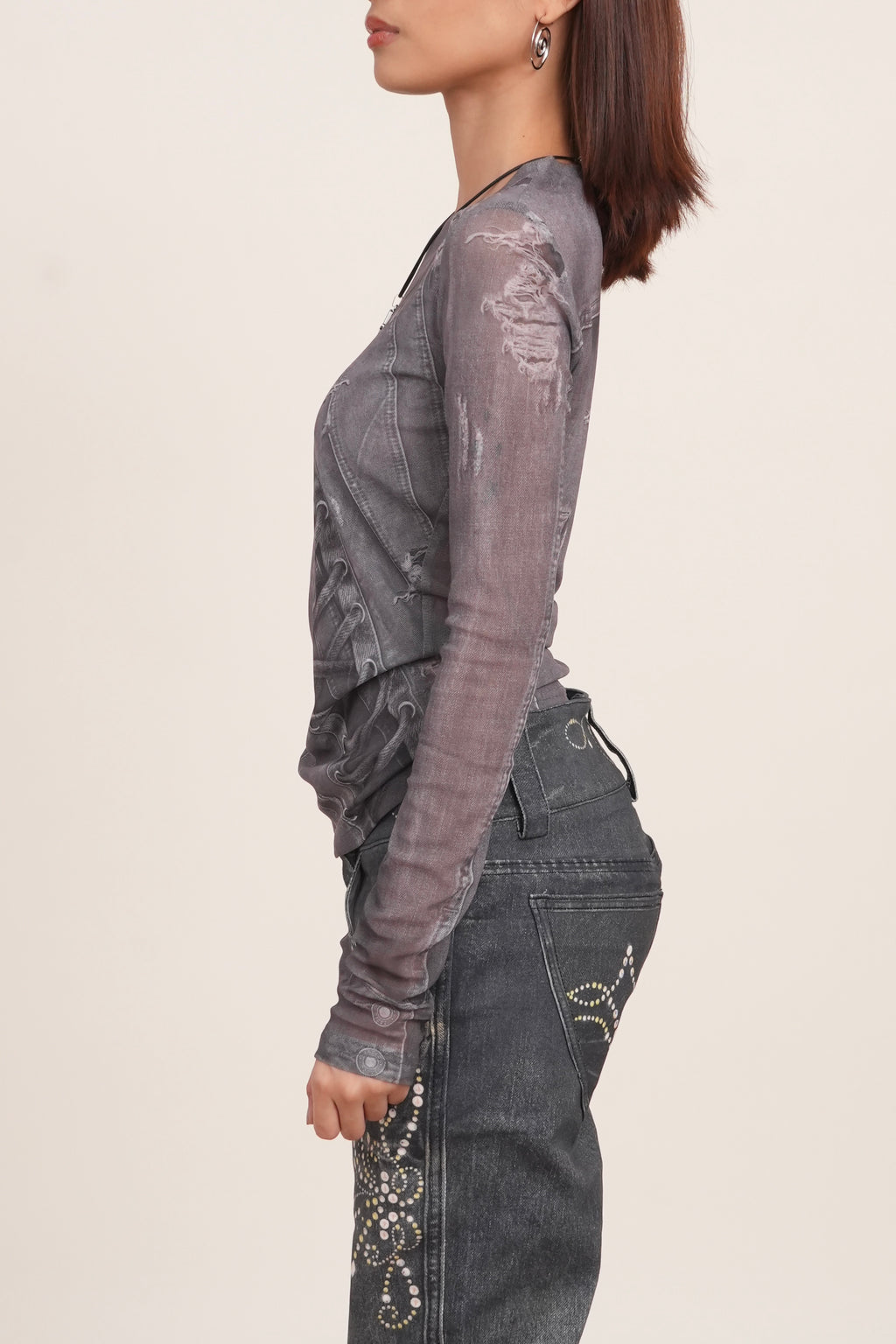 Denim Print Long-Sleeve Slim Fit Top